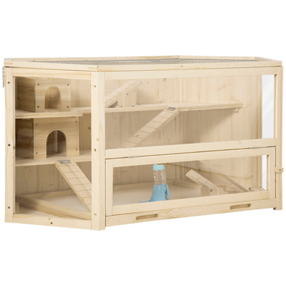 PawHut Fir Wood Large Hamster Cage Mouse Rats Small Animal Exercise Play House 3 Tier with Tray Seesaws Activity Center