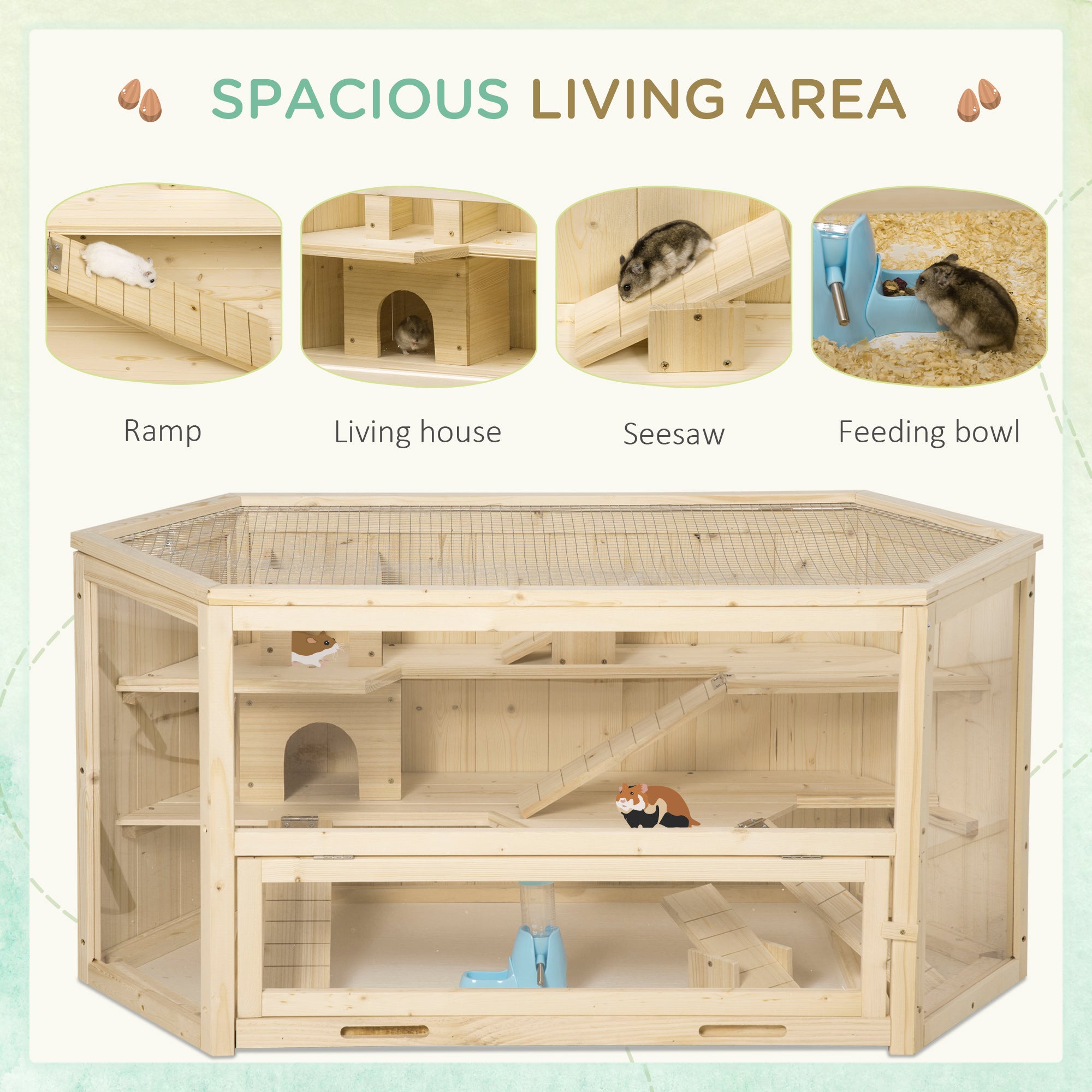 PawHut Fir Wood Large Hamster Cage Mouse Rats Small Animal Exercise Play House 3 Tier with Tray Seesaws Activity Center