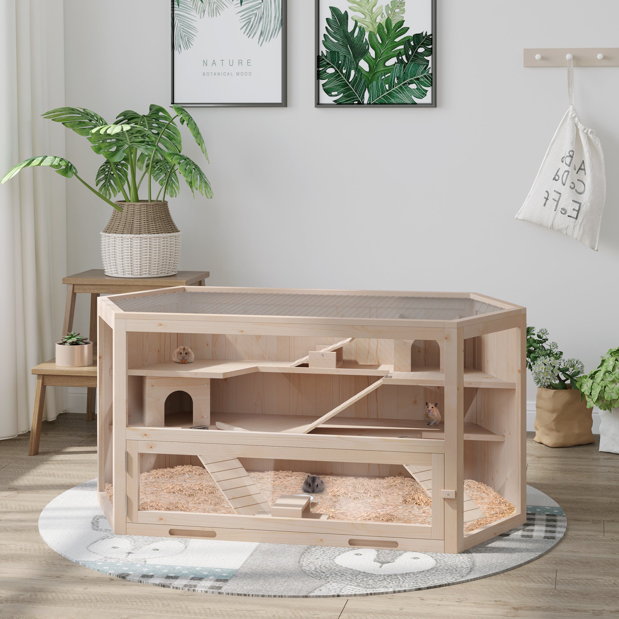 PawHut Compatible Large Wooden Hamster Cage Rodent Mouse Pet Small Animal Kit hut Box Double Layers Easy Clean