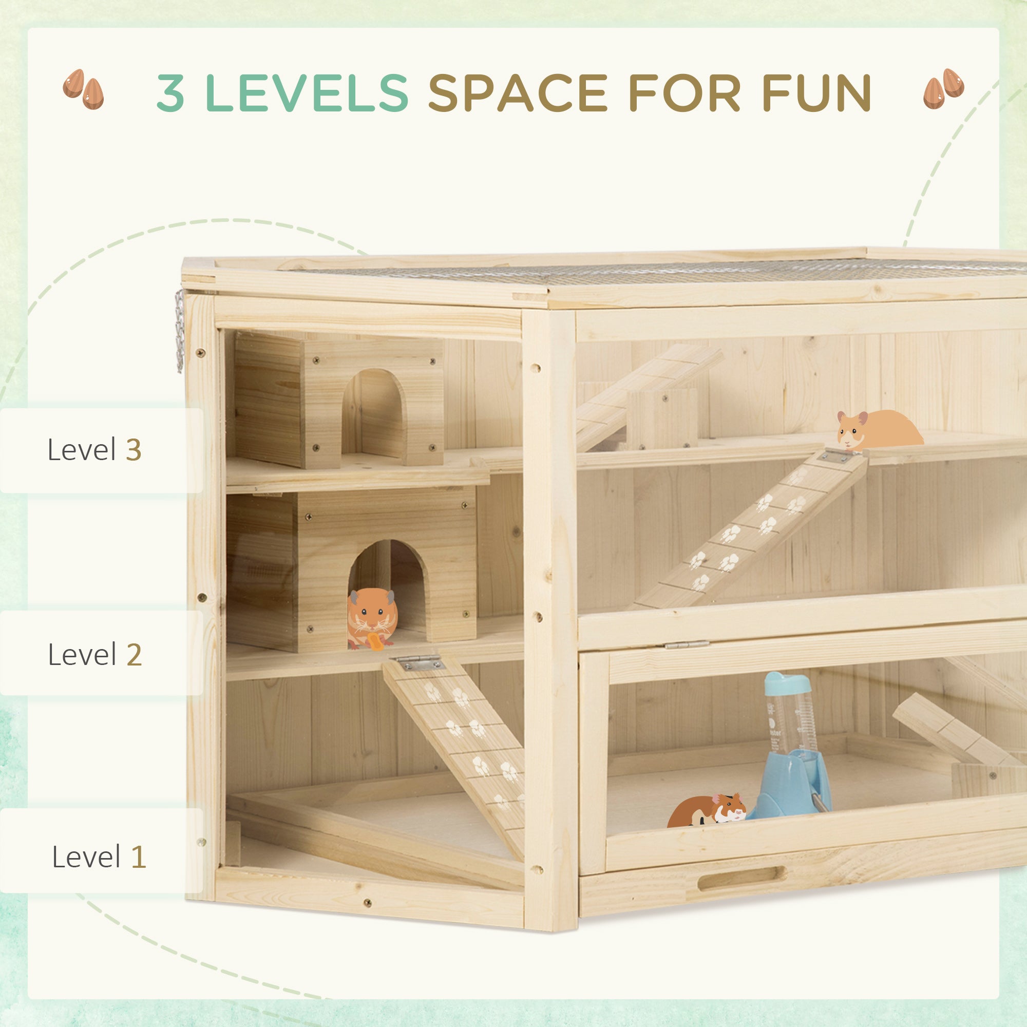 PawHut Fir Wood Large Hamster Cage Mouse Rats Small Animal Exercise Play House 3 Tier with Tray Seesaws Activity Center