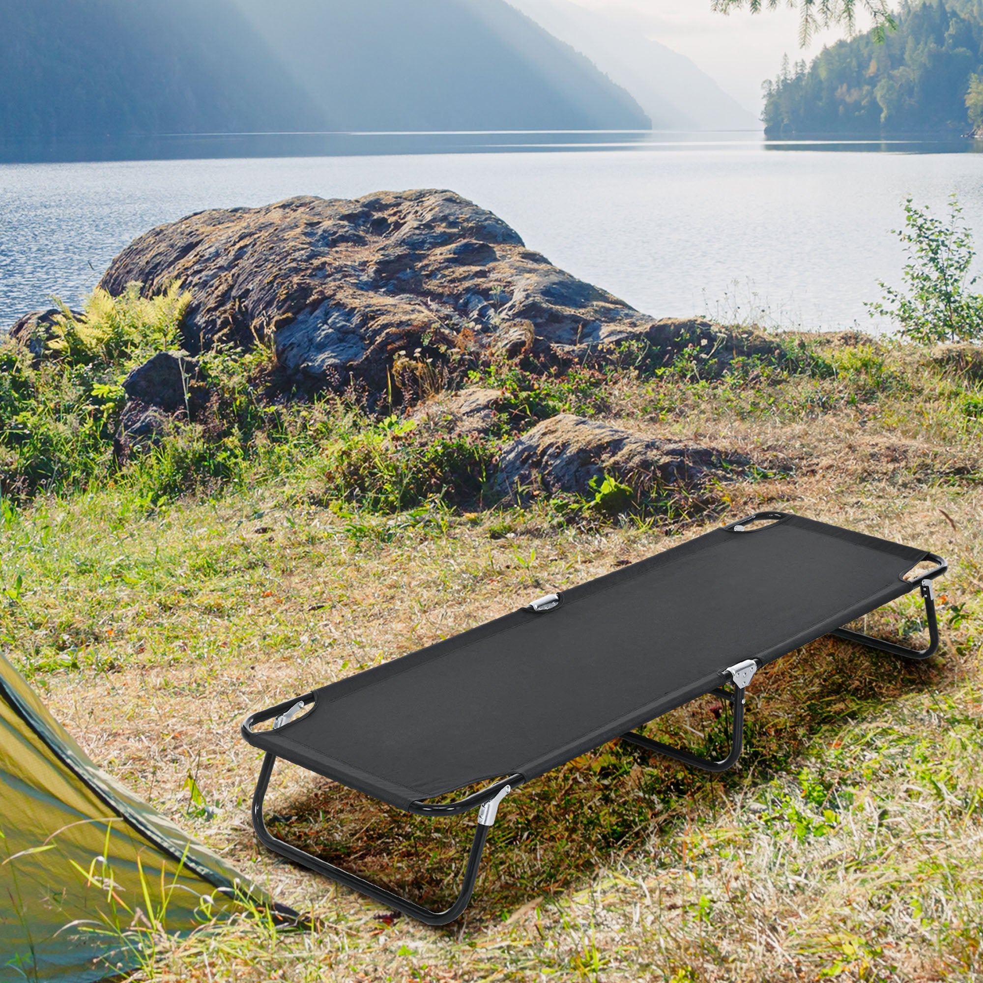 Outsunny Folding Camping Cot for Adults Portable Outdoor Sleeping Bed for Office Beach Home, Black