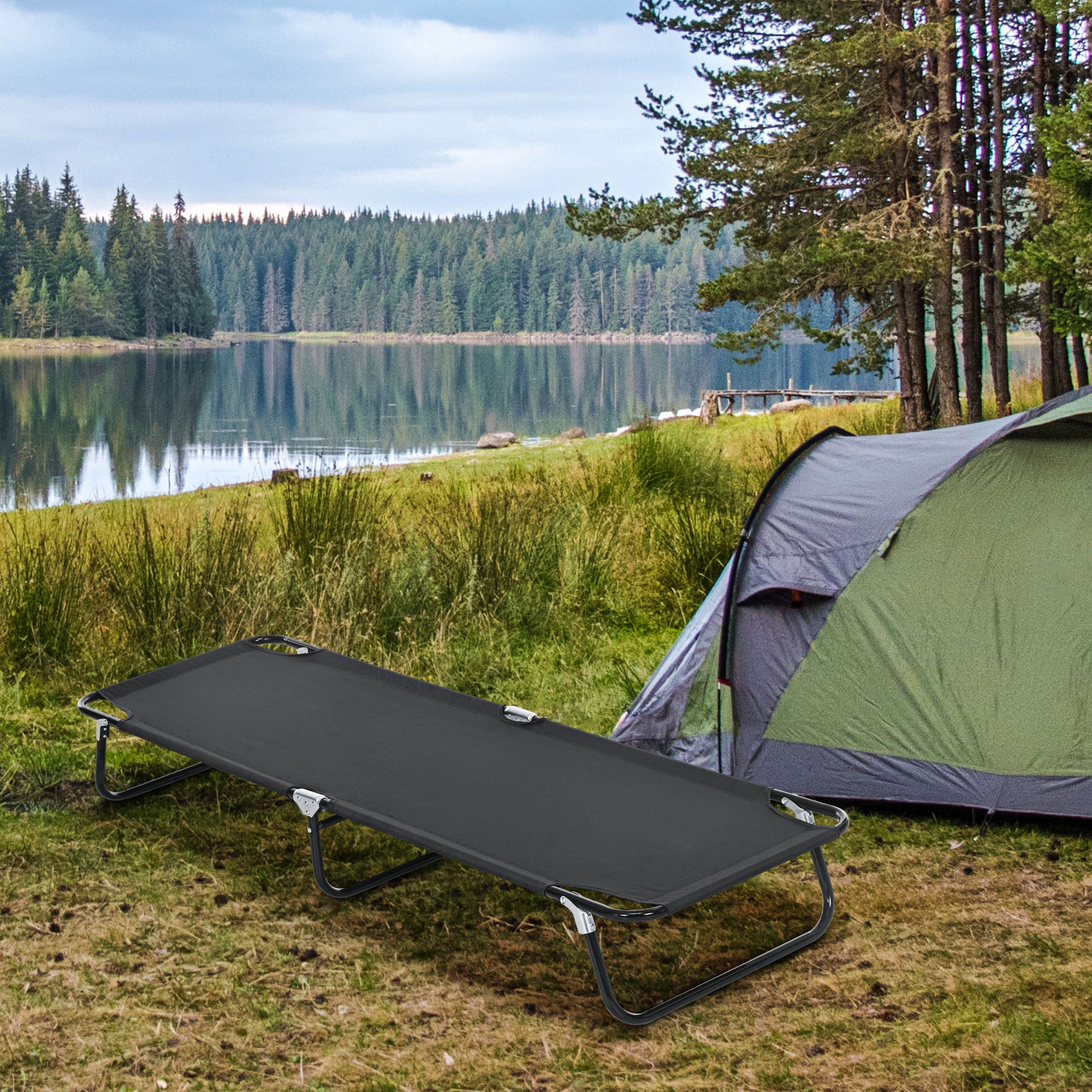 Outsunny Folding Camping Cot for Adults Portable Outdoor Sleeping Bed for Office Beach Home, Black
