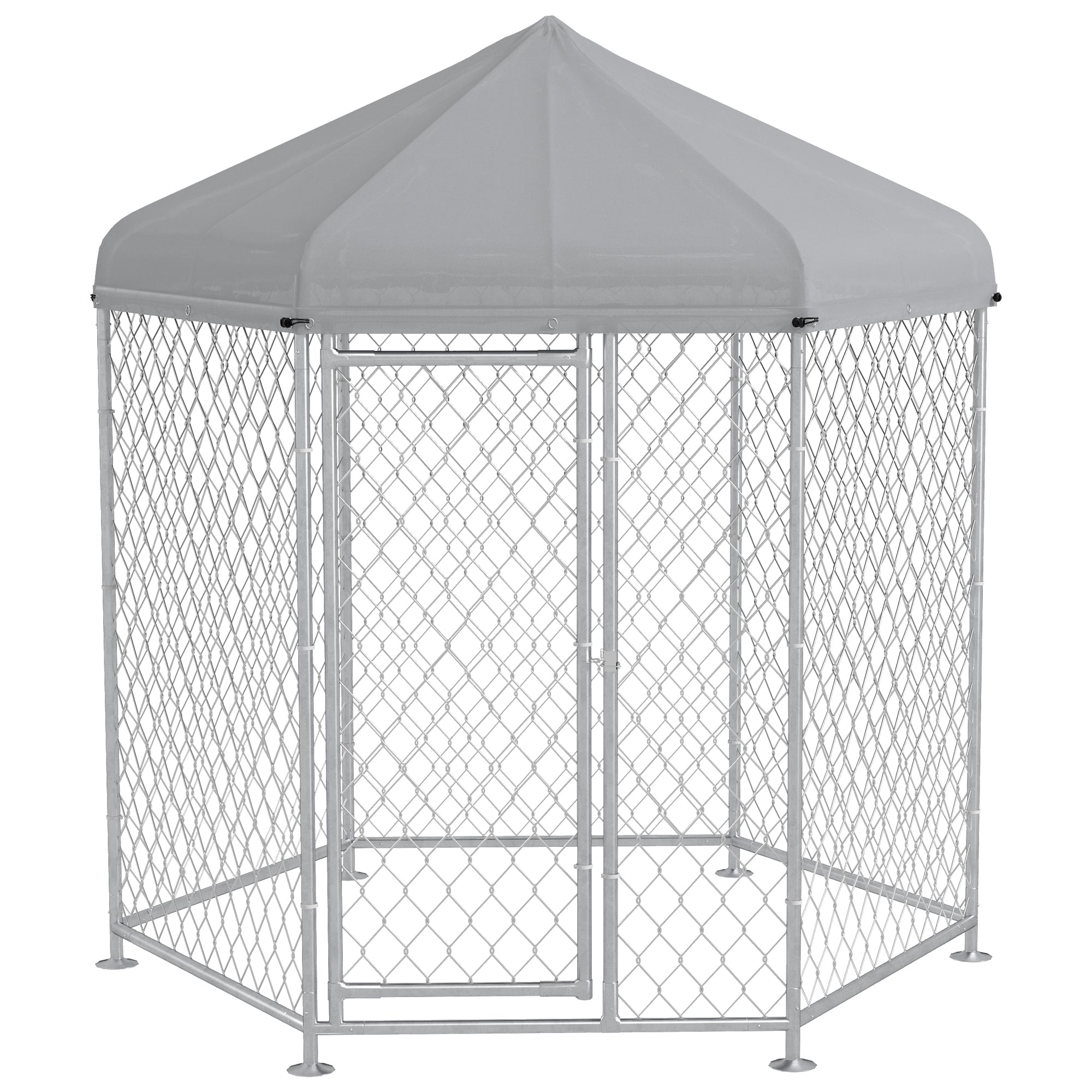 PawHut Outdoor Dog Kennel Dog Run with Waterproof, UV Resistant Cover for Medium and Large Sized Dogs, 6.9' x 6.1' x 7', Silver