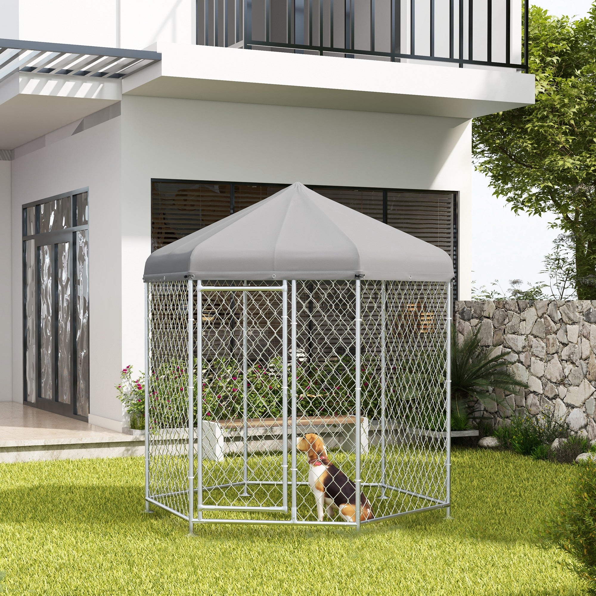 PawHut Outdoor Dog Kennel Dog Run with Waterproof, UV Resistant Cover for Medium and Large Sized Dogs, 6.9' x 6.1' x 7', Silver