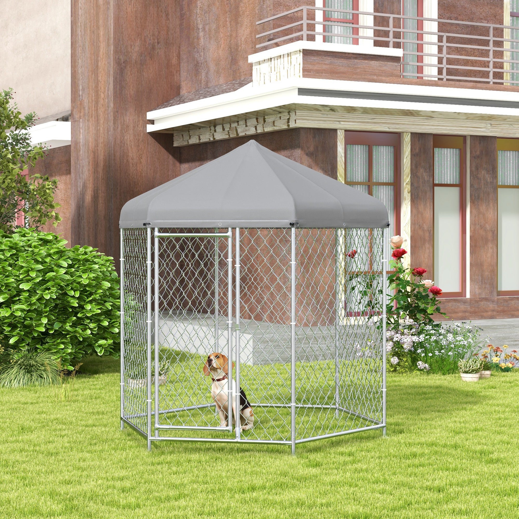 PawHut Outdoor Dog Kennel Dog Run with Waterproof, UV Resistant Cover for Medium and Large Sized Dogs, 6.9' x 6.1' x 7', Silver