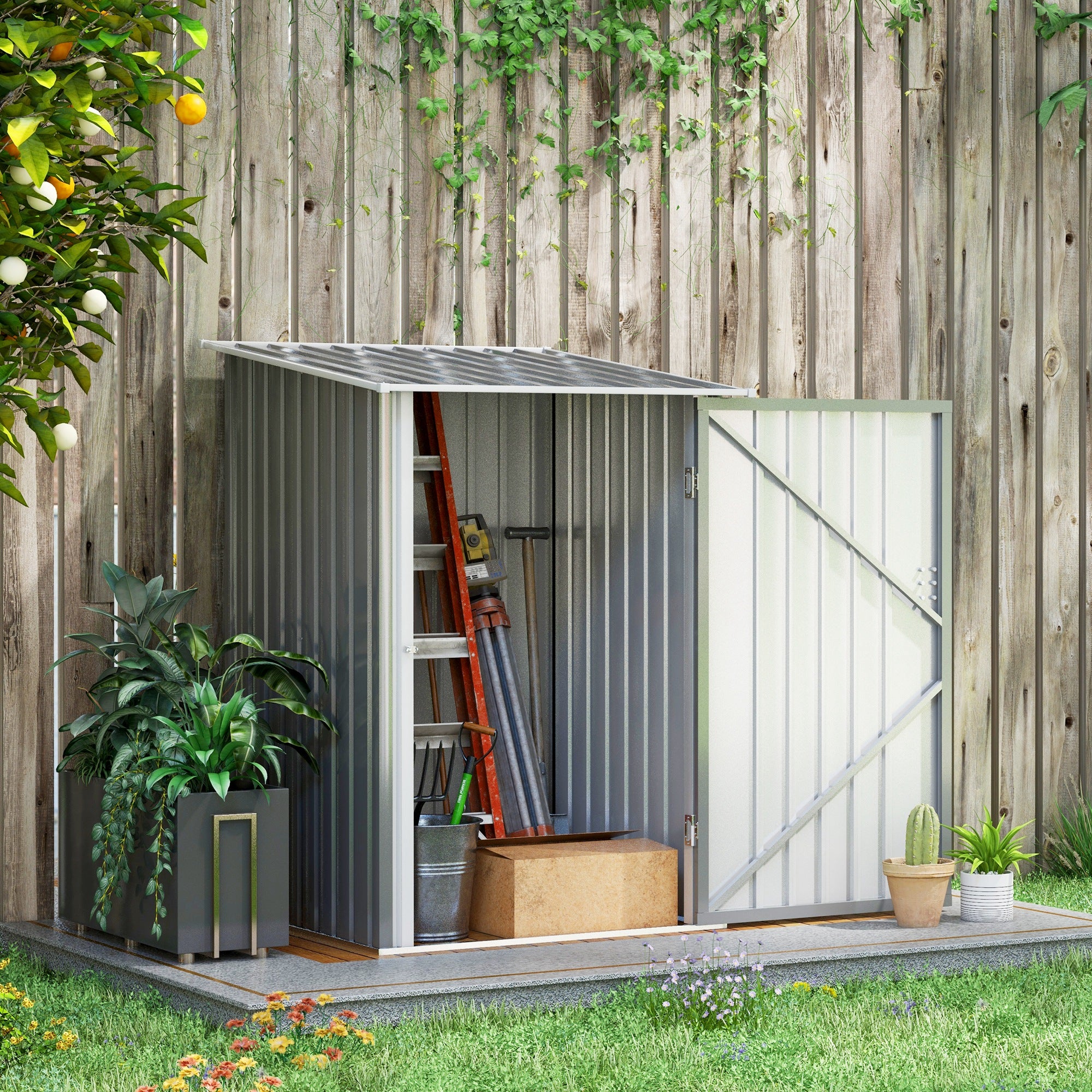 Outsunny 3' x 3' Lean-to Garden Storage Shed, Outdoor Galvanized Steel Tool House with Lockable Door for Patio, Backyard Lawn, Light Grey