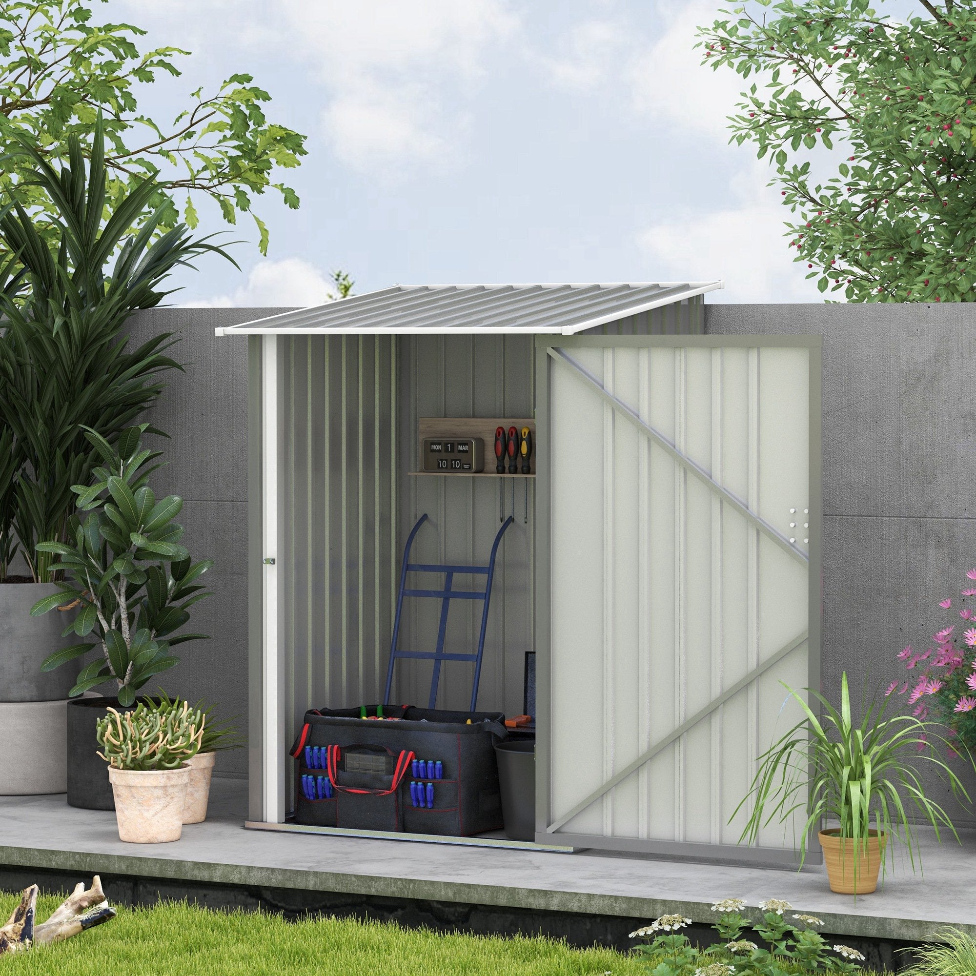 Outsunny 3' x 3' Lean-to Garden Storage Shed, Outdoor Galvanized Steel Tool House with Lockable Door for Patio, Backyard Lawn, Light Grey