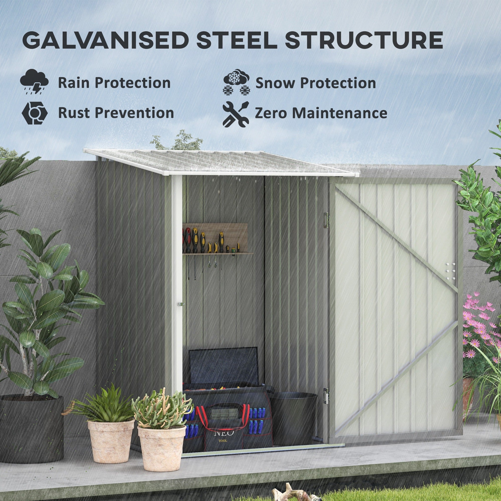 Outsunny 3' x 3' Lean-to Garden Storage Shed, Outdoor Galvanized Steel Tool House with Lockable Door for Patio, Backyard Lawn, Light Grey