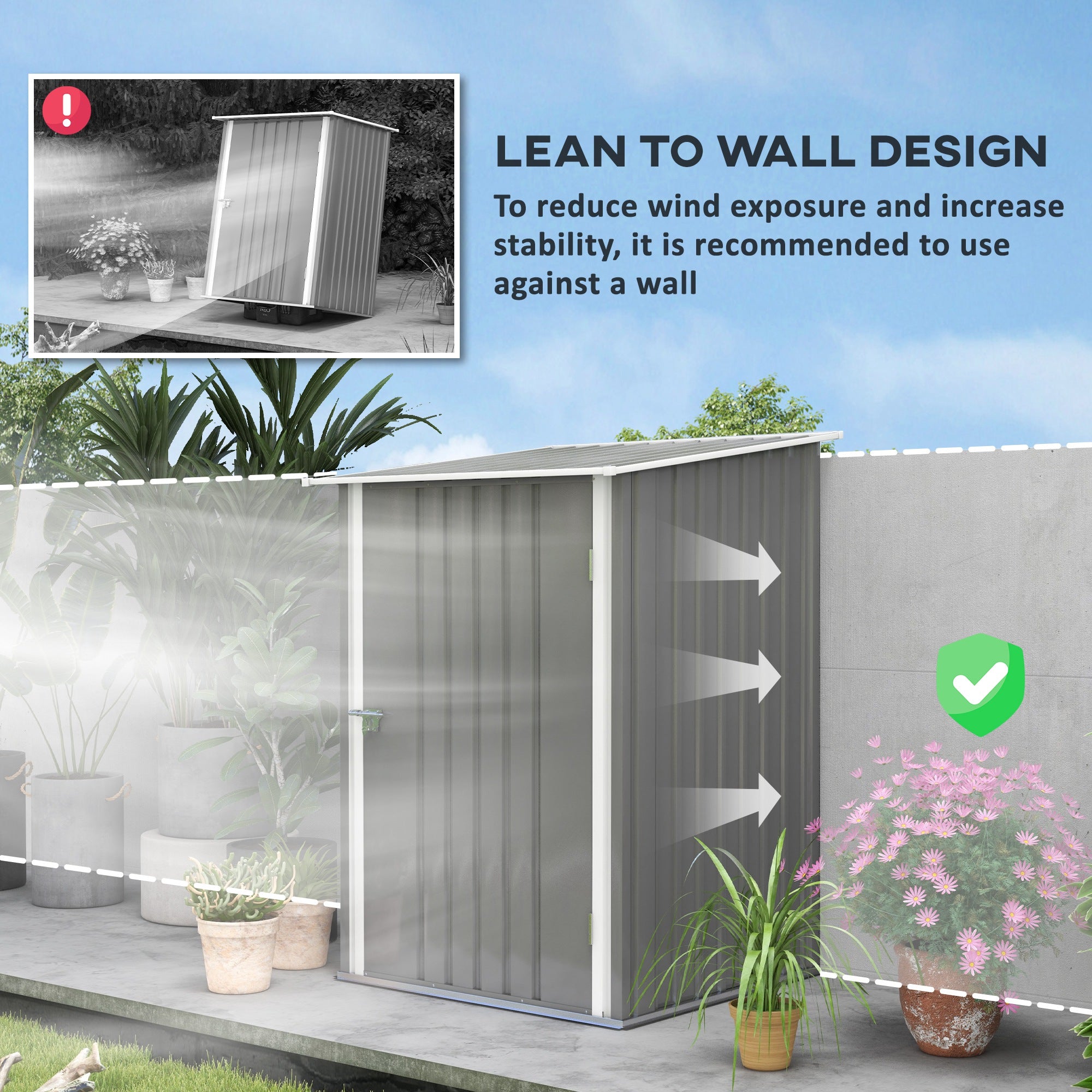 Outsunny 3' x 3' Lean-to Garden Storage Shed, Outdoor Galvanized Steel Tool House with Lockable Door for Patio, Backyard Lawn, Light Grey
