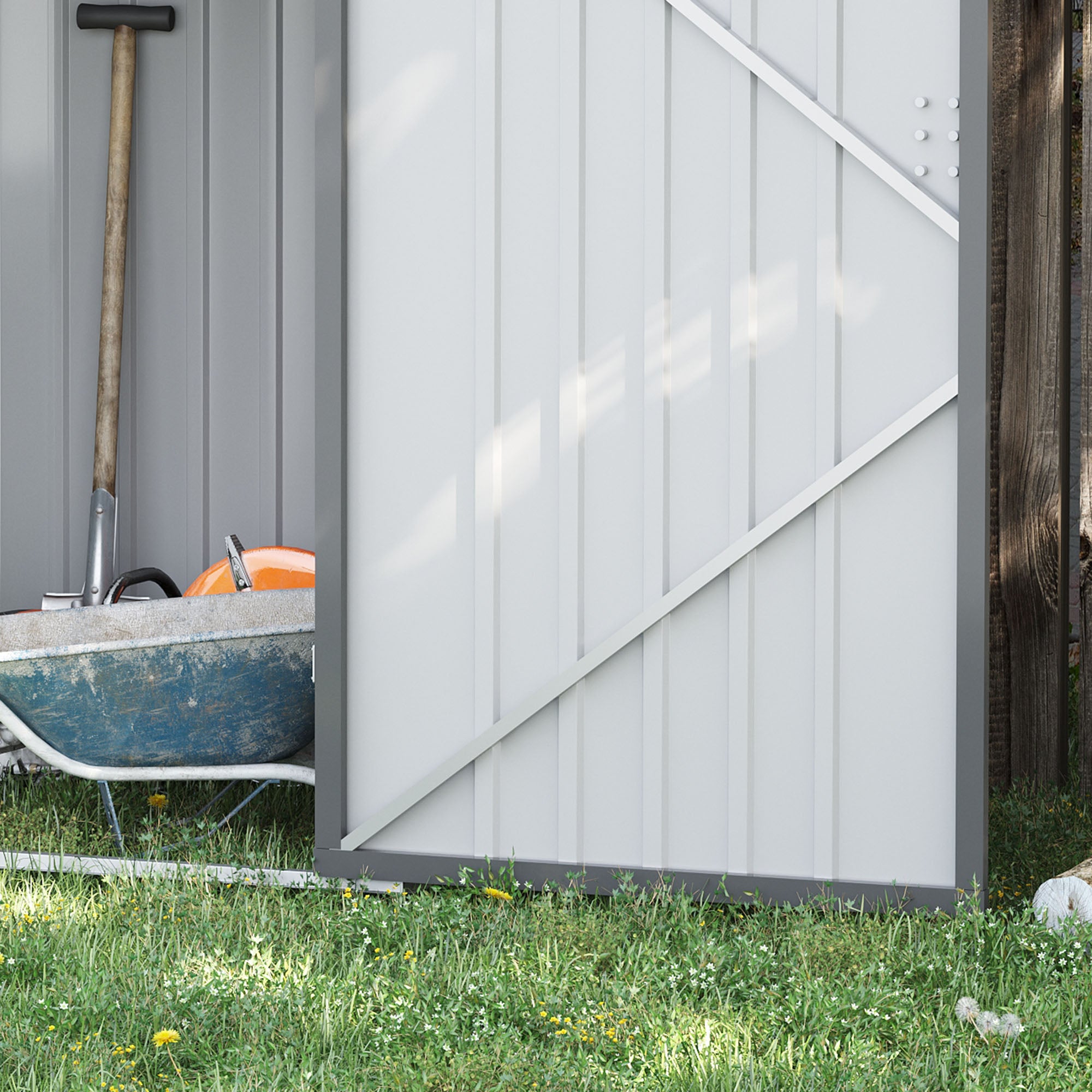 Outsunny 3' x 3' Lean-to Garden Storage Shed, Outdoor Galvanized Steel Tool House with Lockable Door for Patio, Backyard Lawn, Light Grey