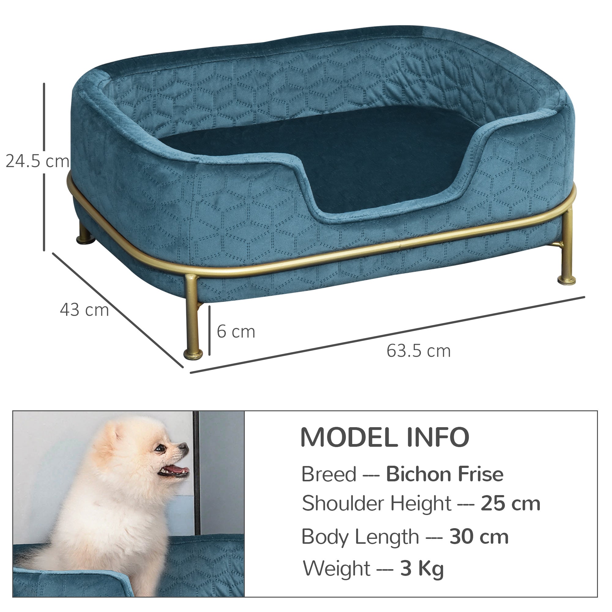 PawHut Dog Sofa Pet Couch, Velvet-feel Kitten Bed Lounge with Soft Cushion Washable Cover Metal Frame for Small Sized Dogs - Blue