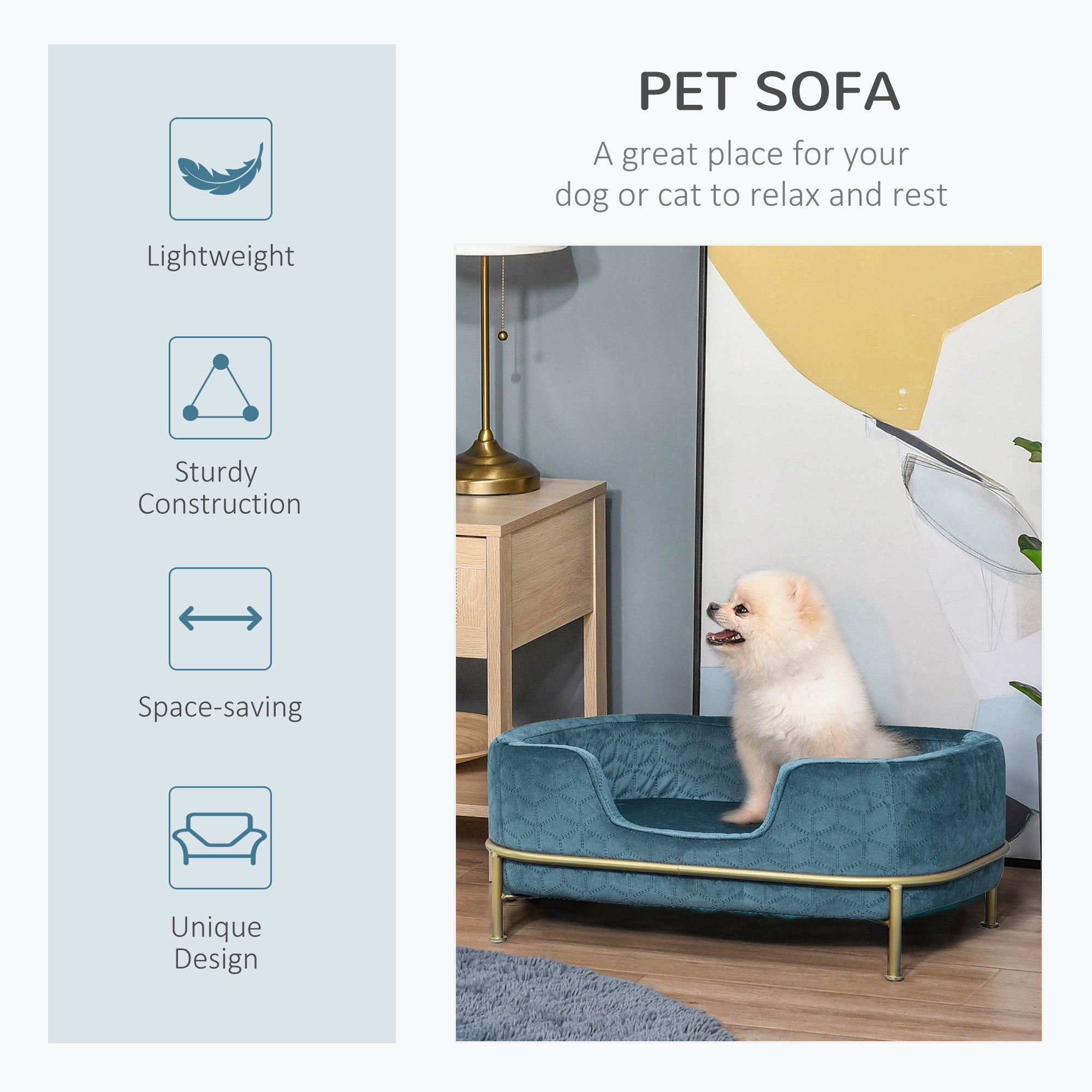 PawHut Dog Sofa Pet Couch, Velvet-feel Kitten Bed Lounge with Soft Cushion Washable Cover Metal Frame for Small Sized Dogs - Blue