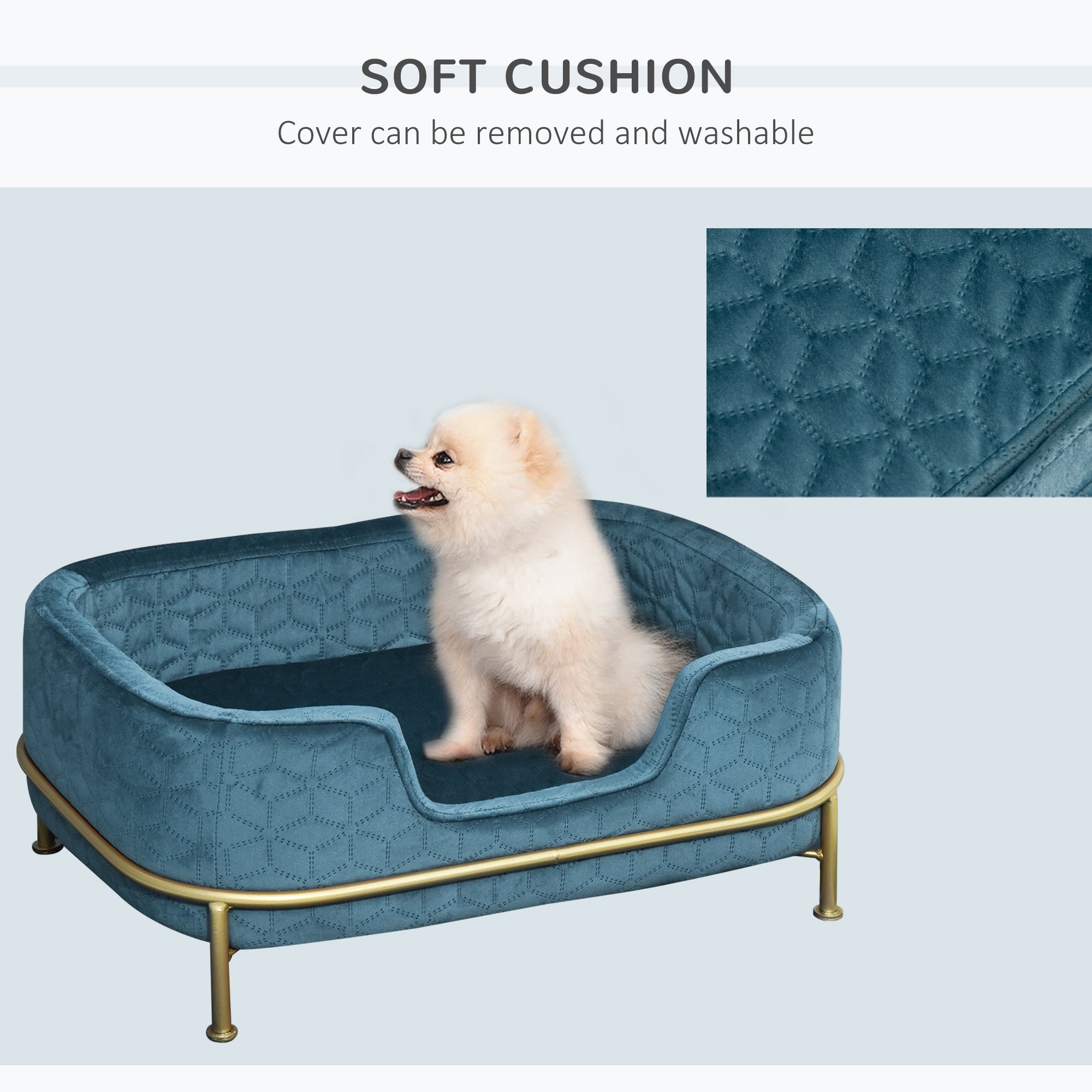 PawHut Dog Sofa Pet Couch, Velvet-feel Kitten Bed Lounge with Soft Cushion Washable Cover Metal Frame for Small Sized Dogs - Blue
