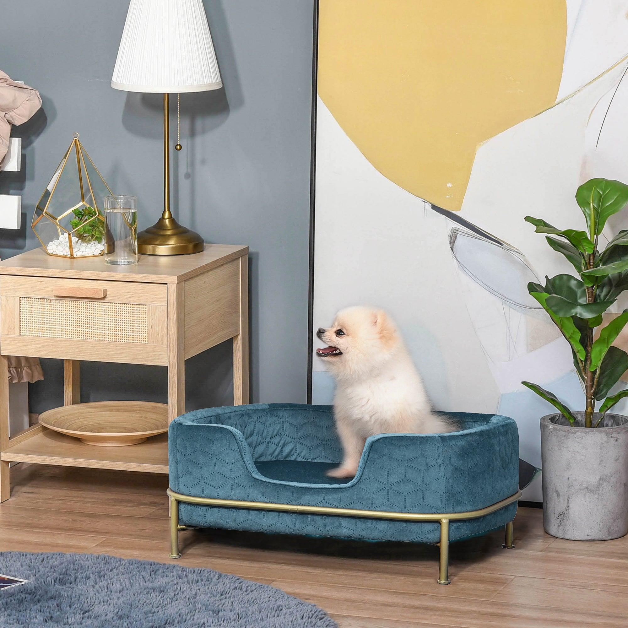 PawHut Dog Sofa Pet Couch, Velvet-feel Kitten Bed Lounge with Soft Cushion Washable Cover Metal Frame for Small Sized Dogs - Blue
