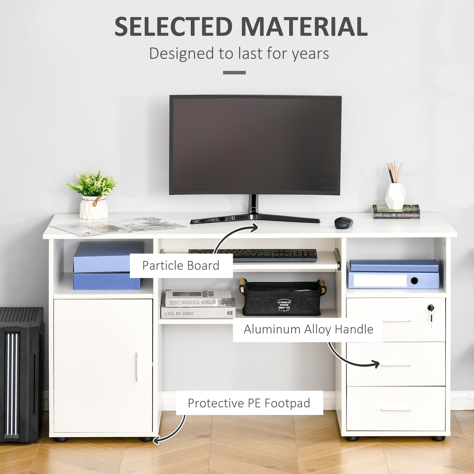 HOMCOM Computer Desk with Keyboard Tray and Drawers, Writing Desk, Home Office Workstation, White