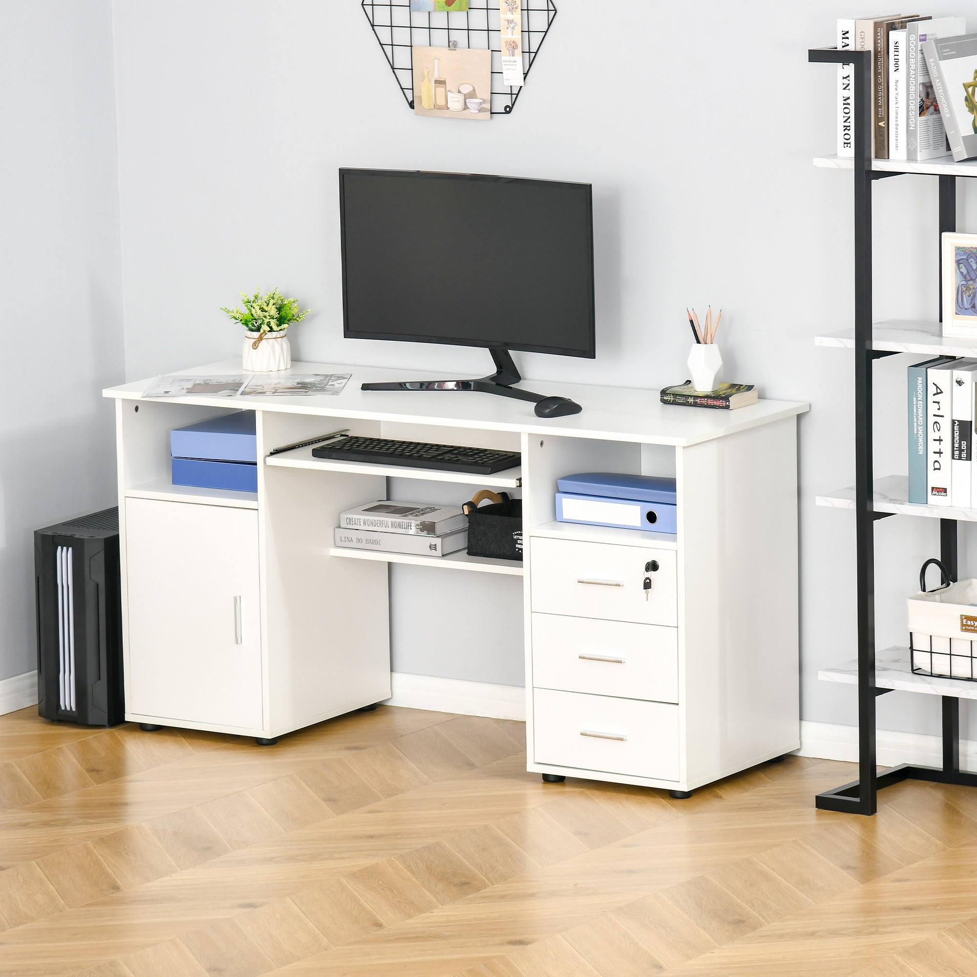 HOMCOM Computer Desk with Keyboard Tray and Drawers, Writing Desk, Home Office Workstation, White