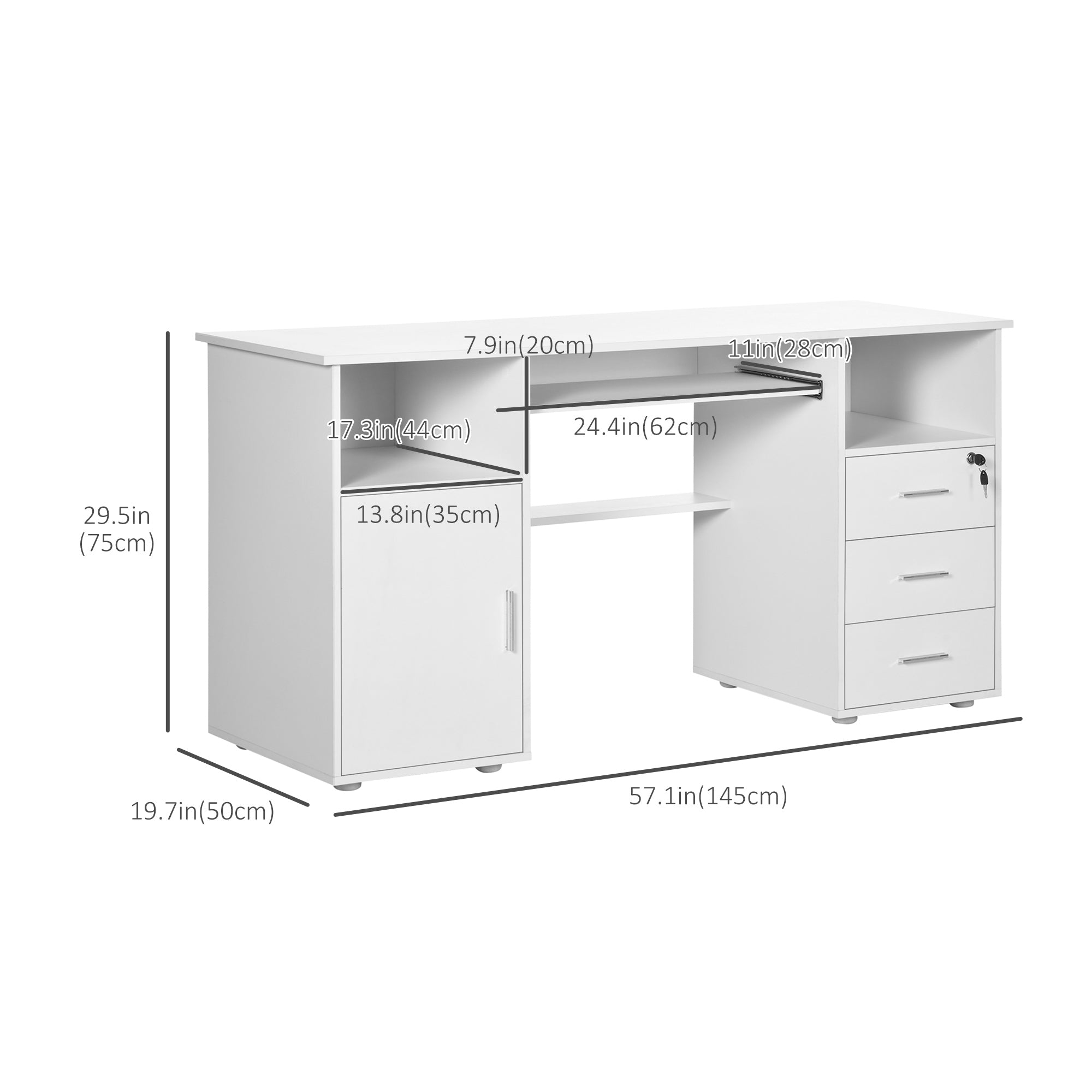 HOMCOM Computer Desk with Keyboard Tray and Drawers, Writing Desk, Home Office Workstation, White