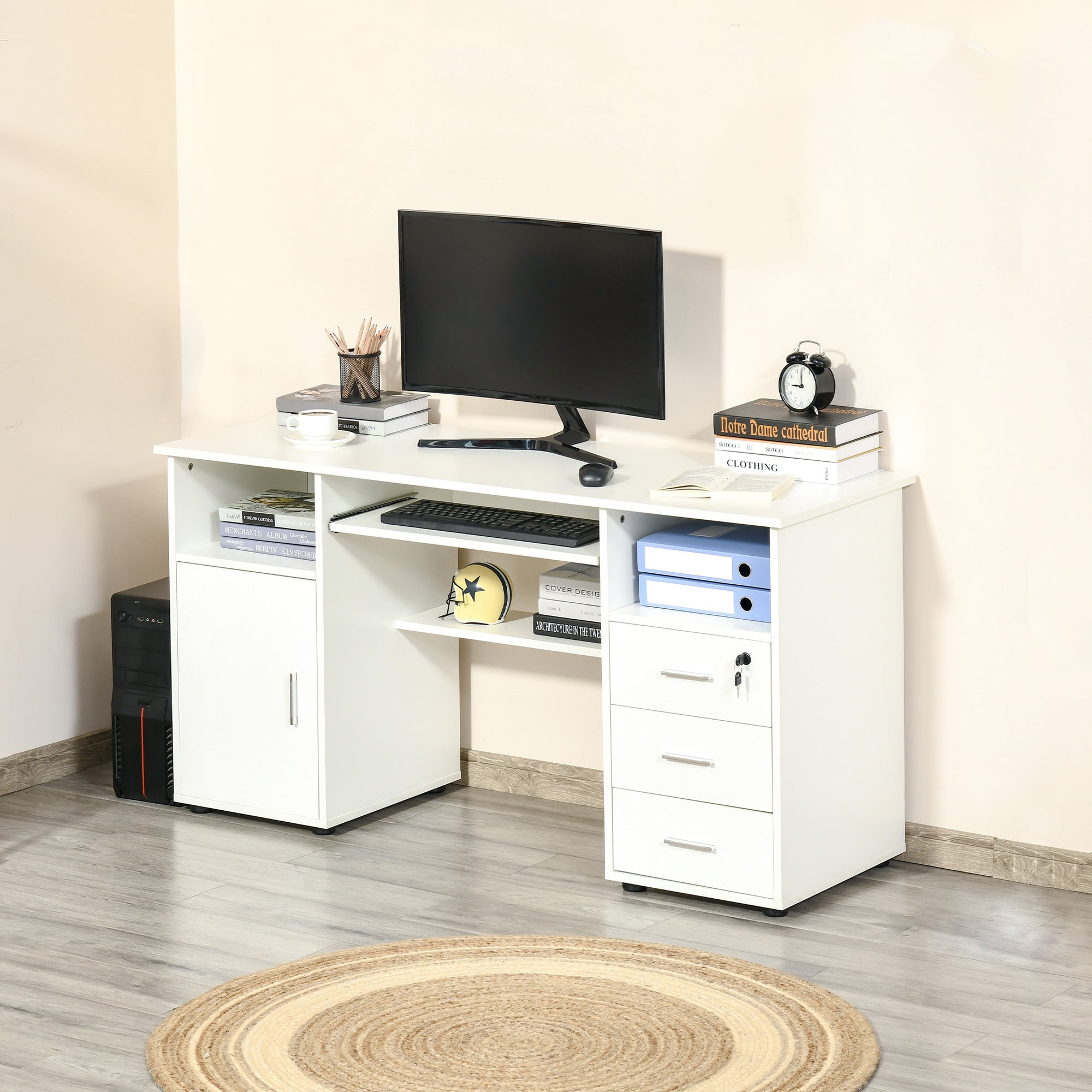 HOMCOM Computer Desk with Keyboard Tray and Drawers, Writing Desk, Home Office Workstation, White