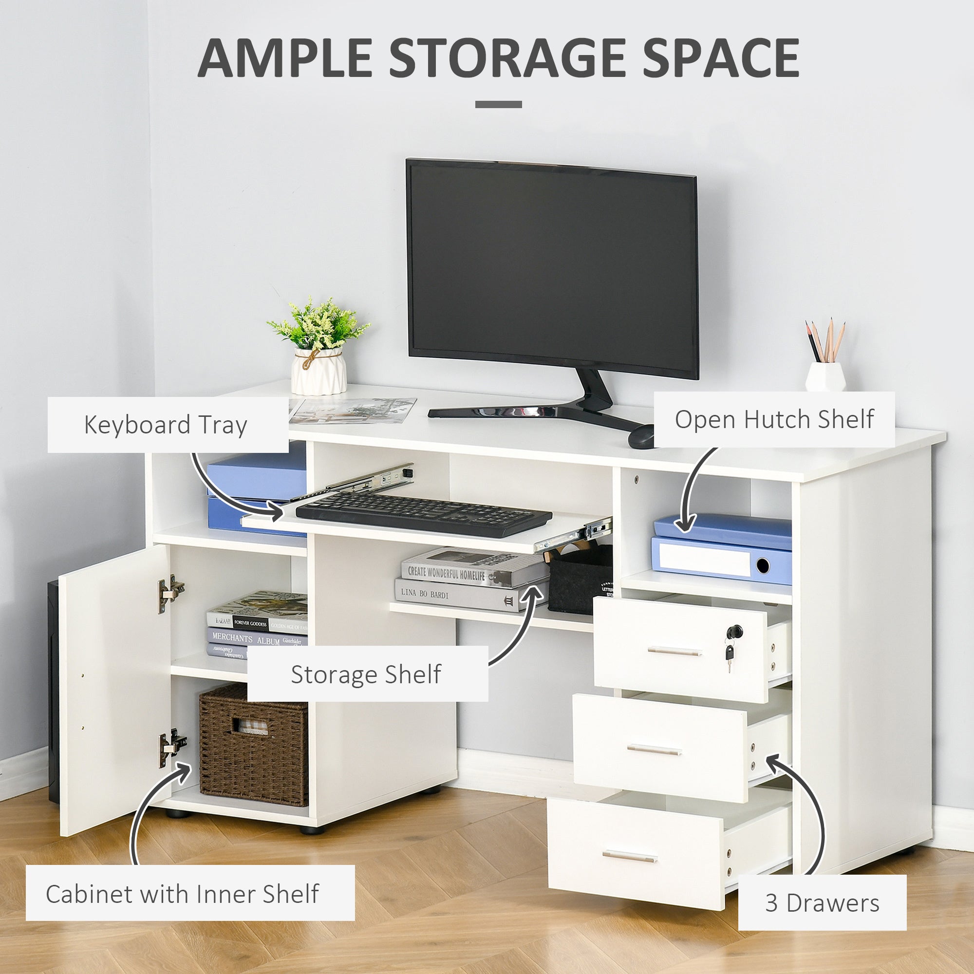 HOMCOM Computer Desk with Keyboard Tray and Drawers, Writing Desk, Home Office Workstation, White