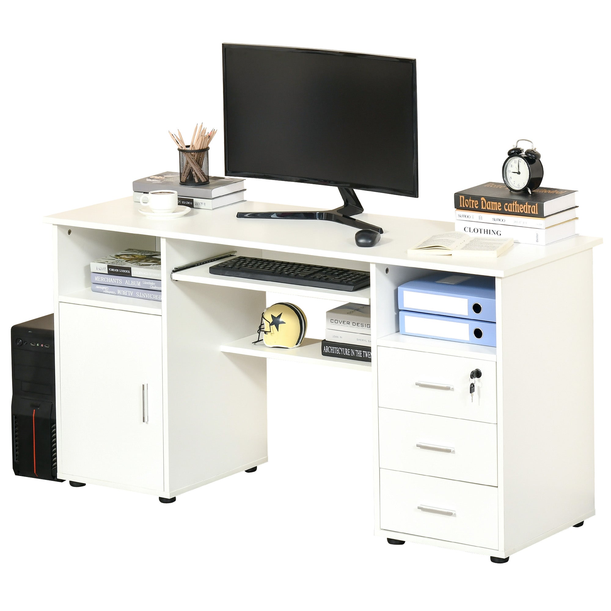 HOMCOM Computer Desk with Keyboard Tray and Drawers, Writing Desk, Home Office Workstation, White