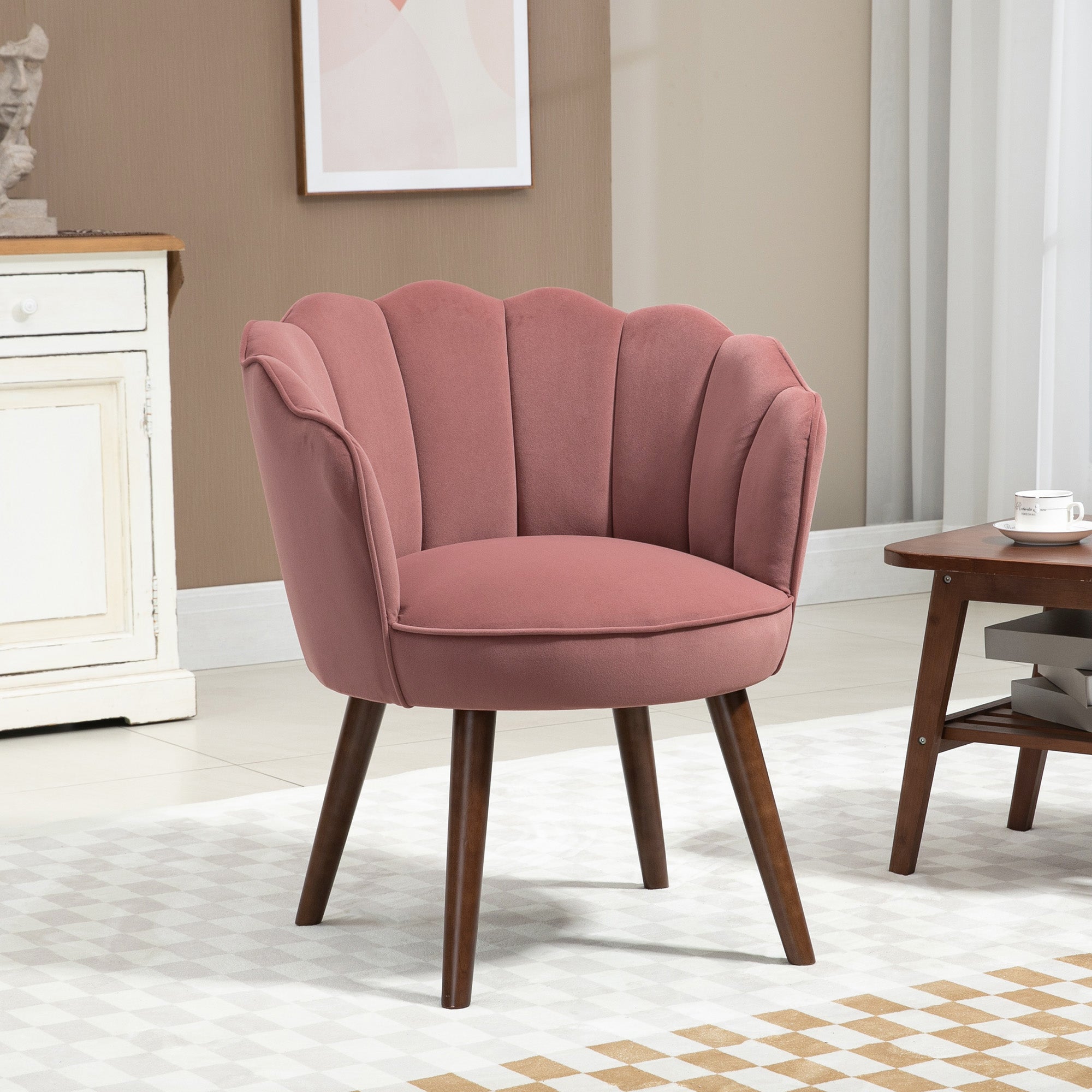 HOMCOM Modern Accent Chair Leisure Club Chair with Velvet-Touch Fabric Wood Legs for Living Room, Pink