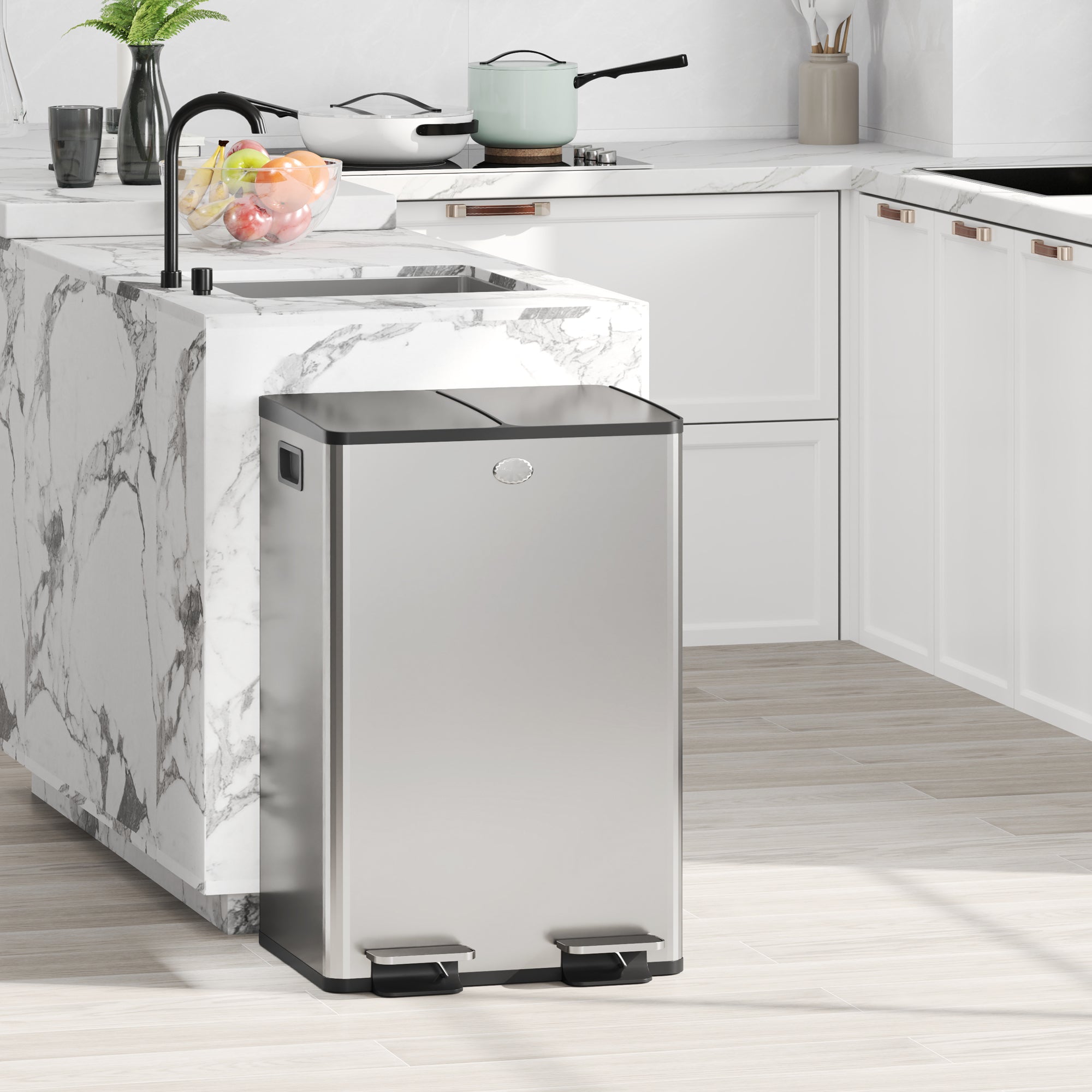 HOMCOM Dual Kitchen Garbage Bin, 2 x 7.4 Gallon (2 x 28 L) Trash Can with Foot Pedal, Soft-Close Garbage Can with Removable Inner Buckets, Fingerprint-Proof for Kitchen, Silver