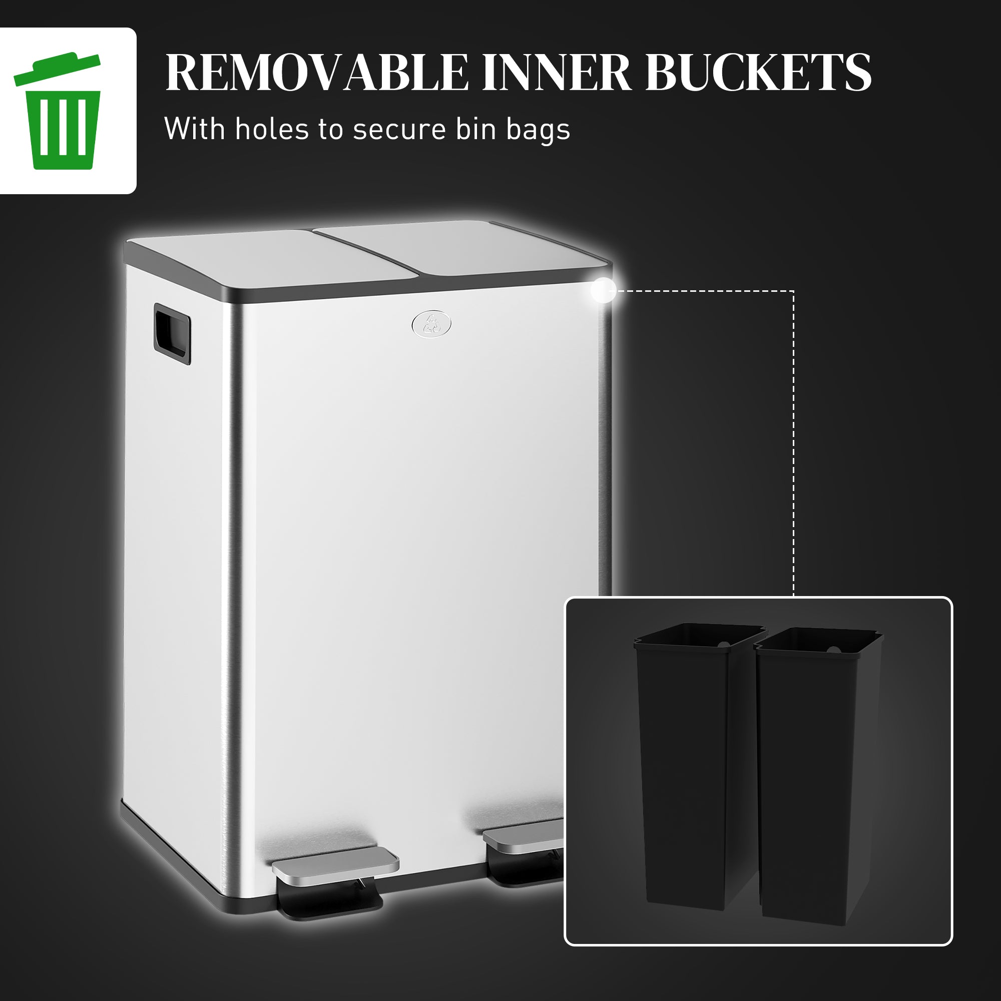 HOMCOM Dual Kitchen Garbage Bin, 2 x 7.4 Gallon (2 x 28 L) Trash Can with Foot Pedal, Soft-Close Garbage Can with Removable Inner Buckets, Fingerprint-Proof for Kitchen, Silver