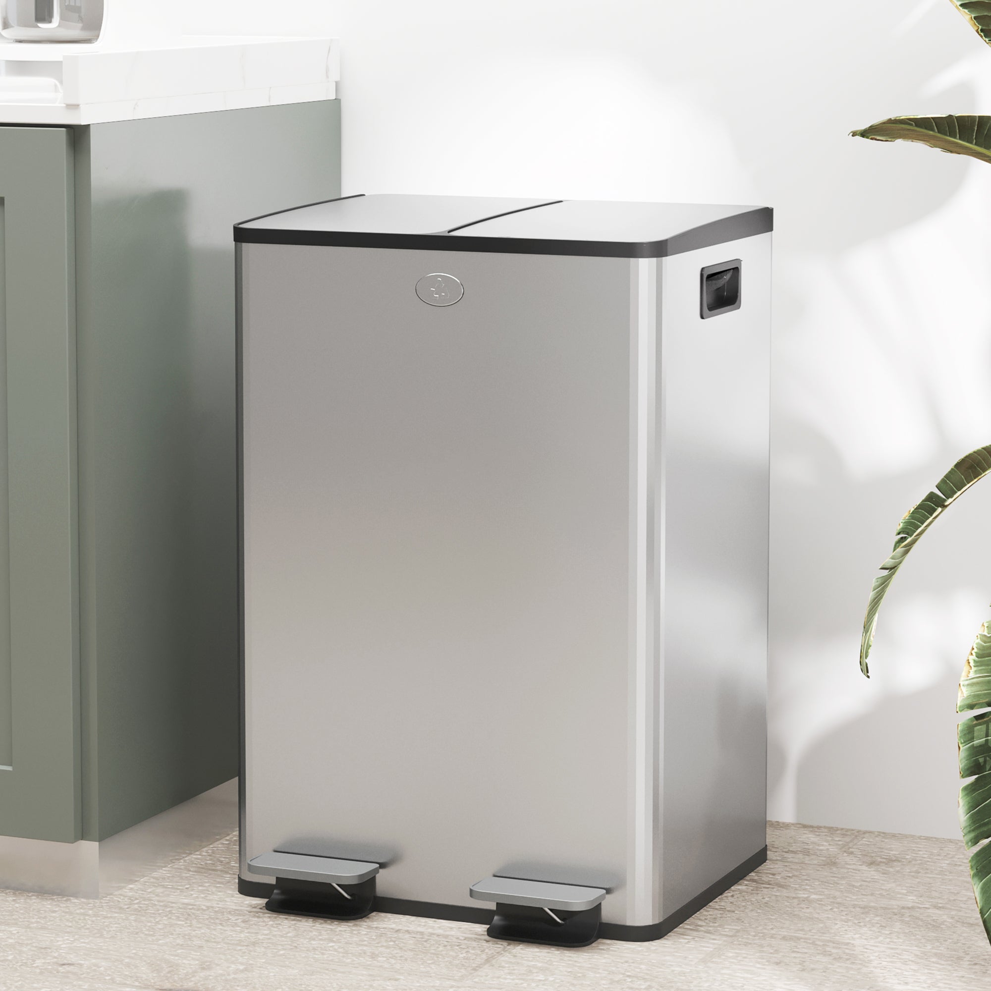 HOMCOM Dual Kitchen Garbage Bin, 2 x 7.4 Gallon (2 x 28 L) Trash Can with Foot Pedal, Soft-Close Garbage Can with Removable Inner Buckets, Fingerprint-Proof for Kitchen, Silver