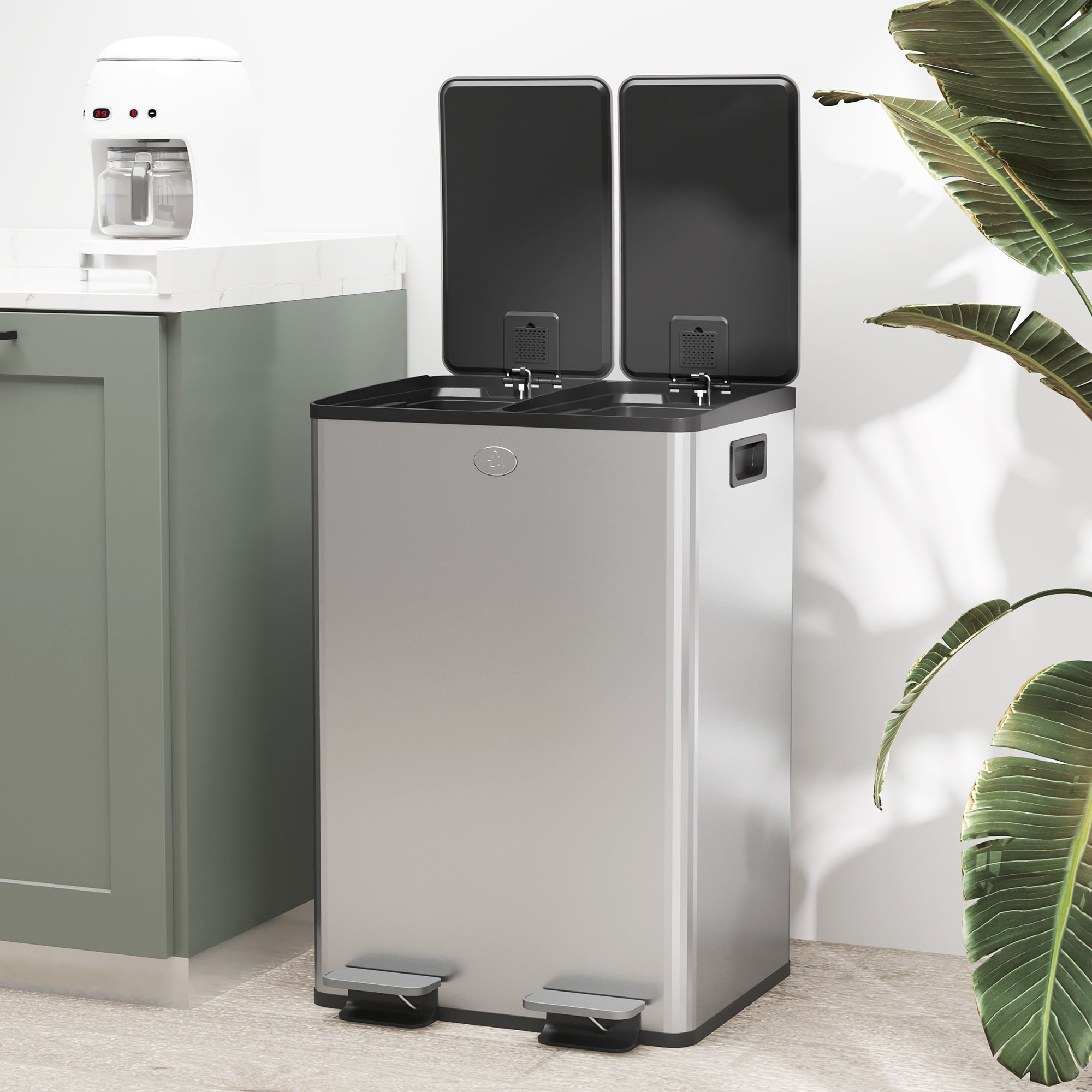 HOMCOM Dual Kitchen Garbage Bin, 2 x 7.4 Gallon (2 x 28 L) Trash Can with Foot Pedal, Soft-Close Garbage Can with Removable Inner Buckets, Fingerprint-Proof for Kitchen, Silver