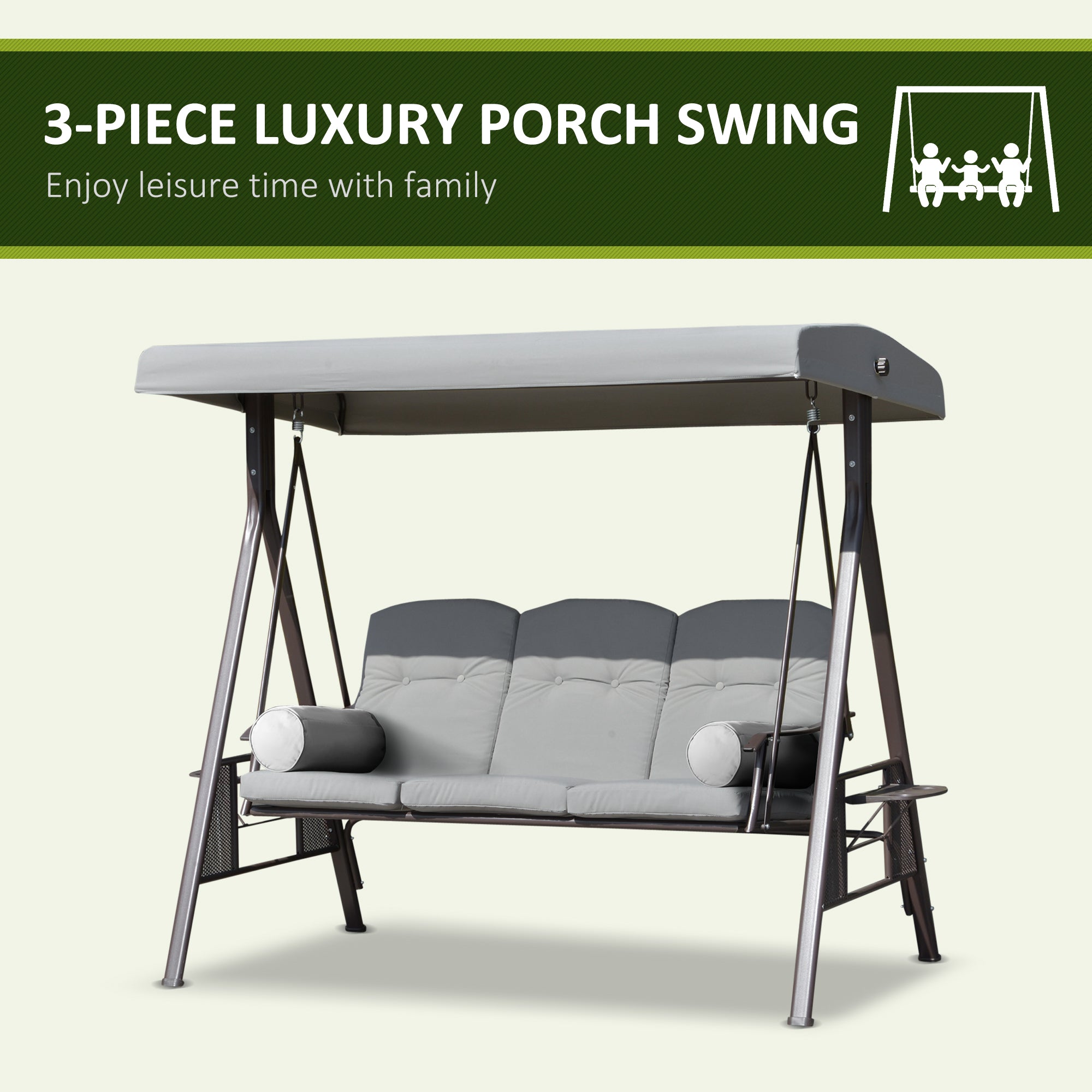 Outsunny 3 Seater Porch Swing Heavy Duty Outdoor Swing Chair Outdoor Lounge Hammock Cushioned Seat w/ Tilt Canopy, Light Grey