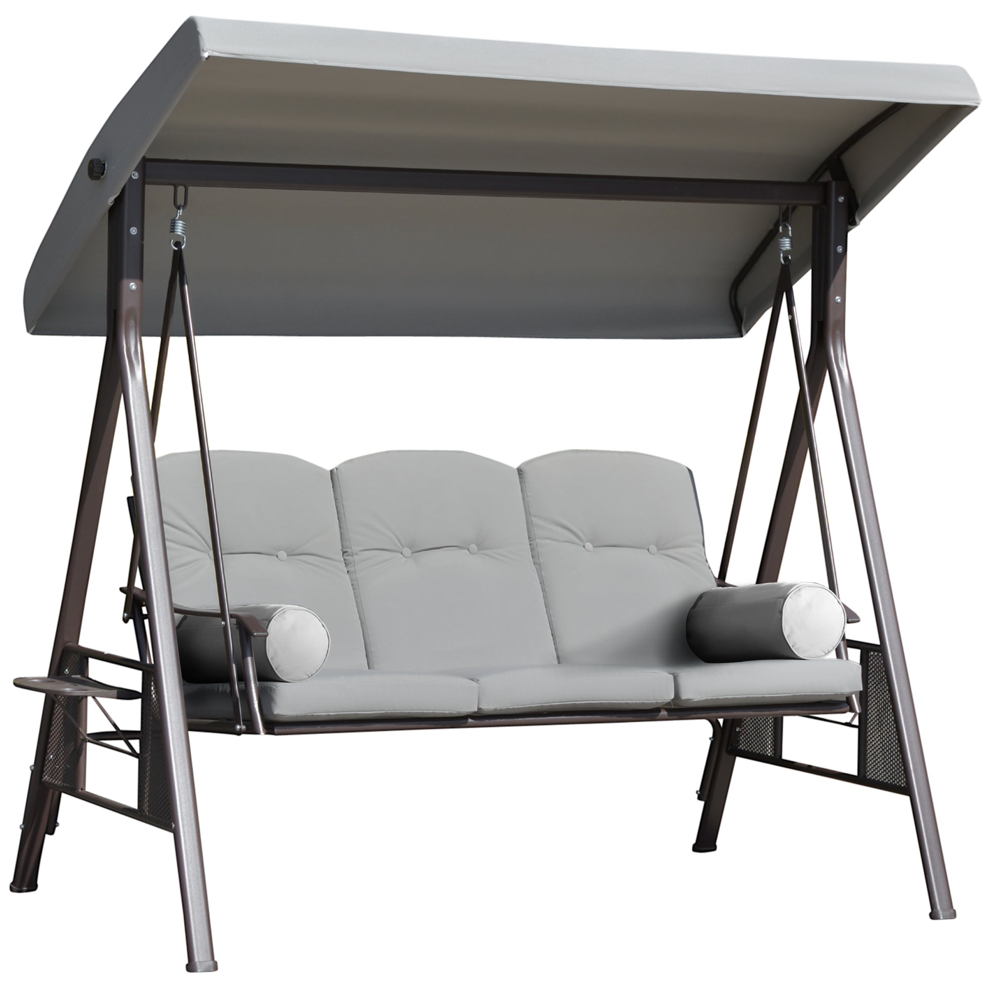 Outsunny 3 Seater Porch Swing Heavy Duty Outdoor Swing Chair Outdoor Lounge Hammock Cushioned Seat w/ Tilt Canopy, Light Grey