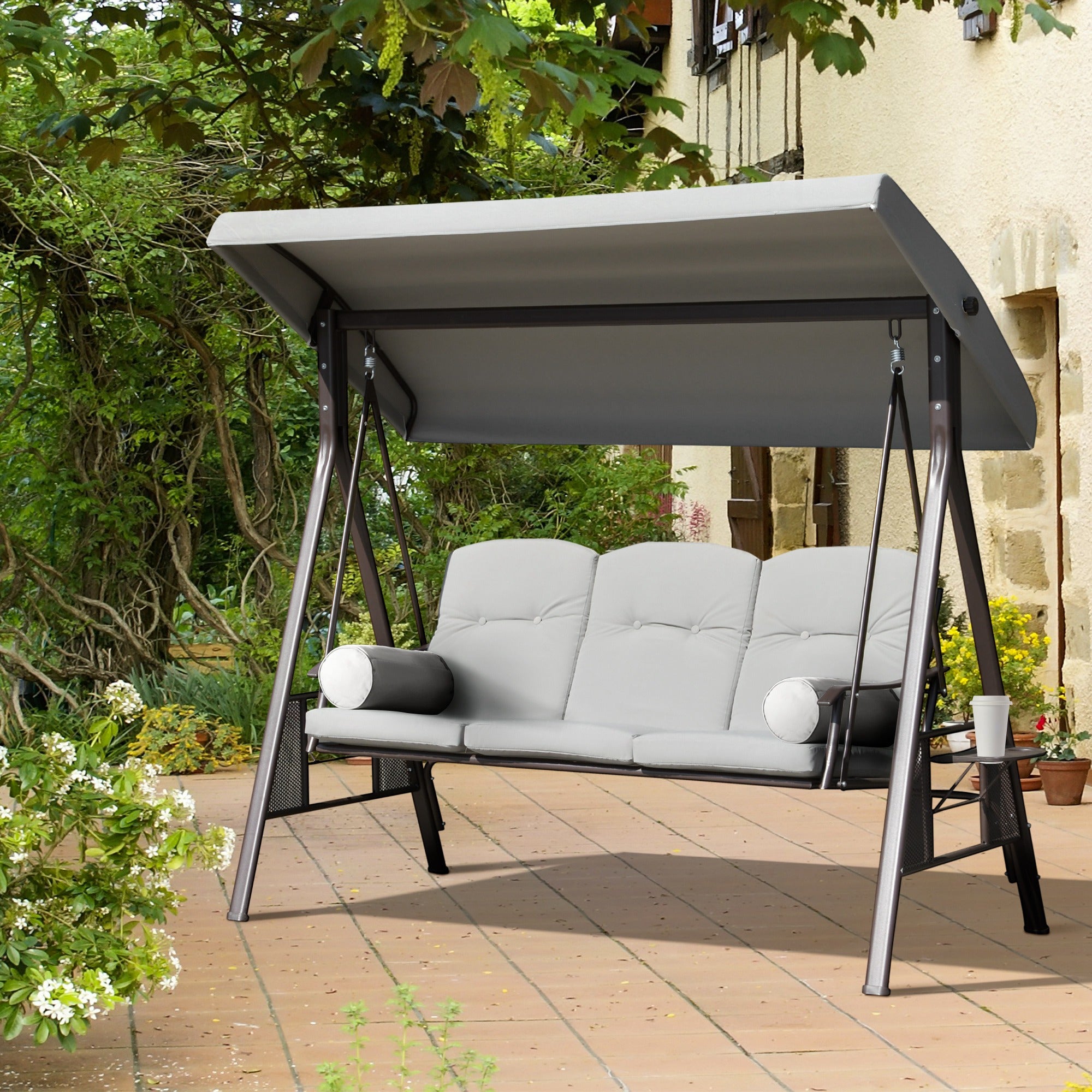 Outsunny 3 Seater Porch Swing Heavy Duty Outdoor Swing Chair Outdoor Lounge Hammock Cushioned Seat w/ Tilt Canopy, Light Grey