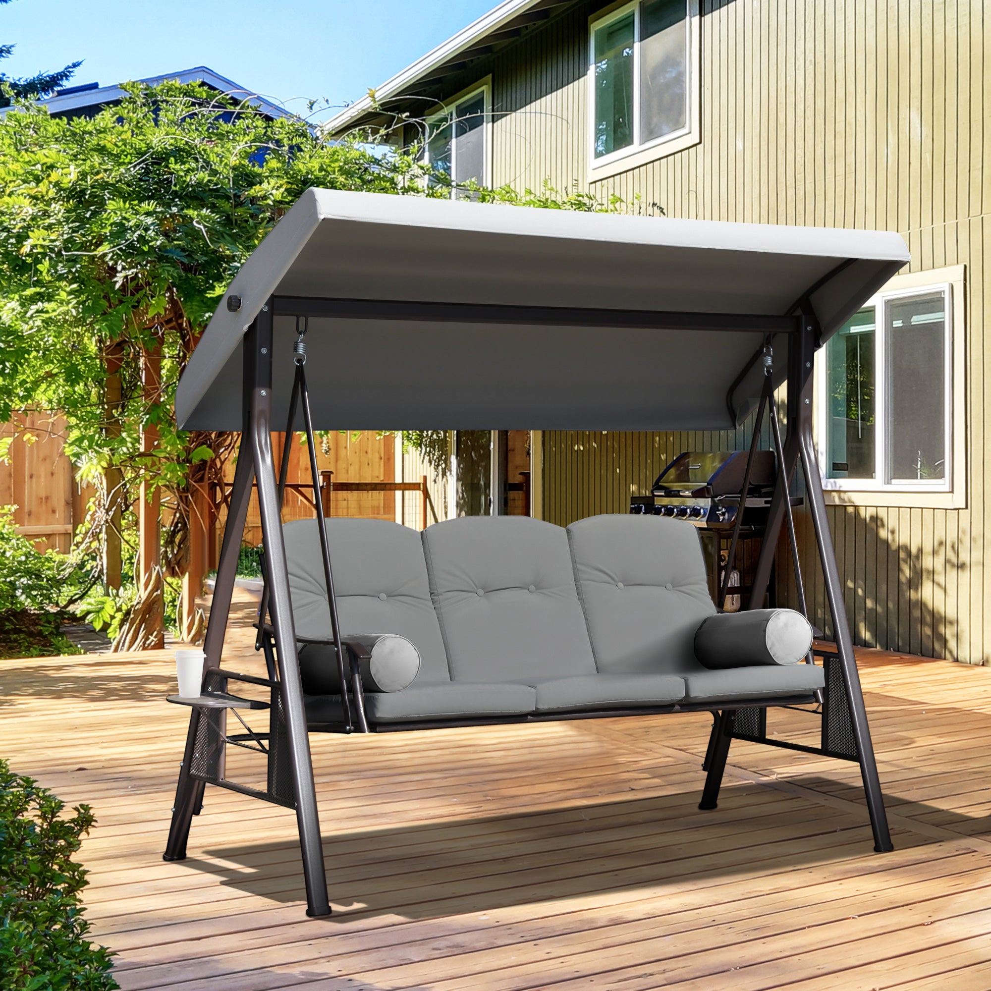 Outsunny 3 Seater Porch Swing Heavy Duty Outdoor Swing Chair Outdoor Lounge Hammock Cushioned Seat w/ Tilt Canopy, Light Grey