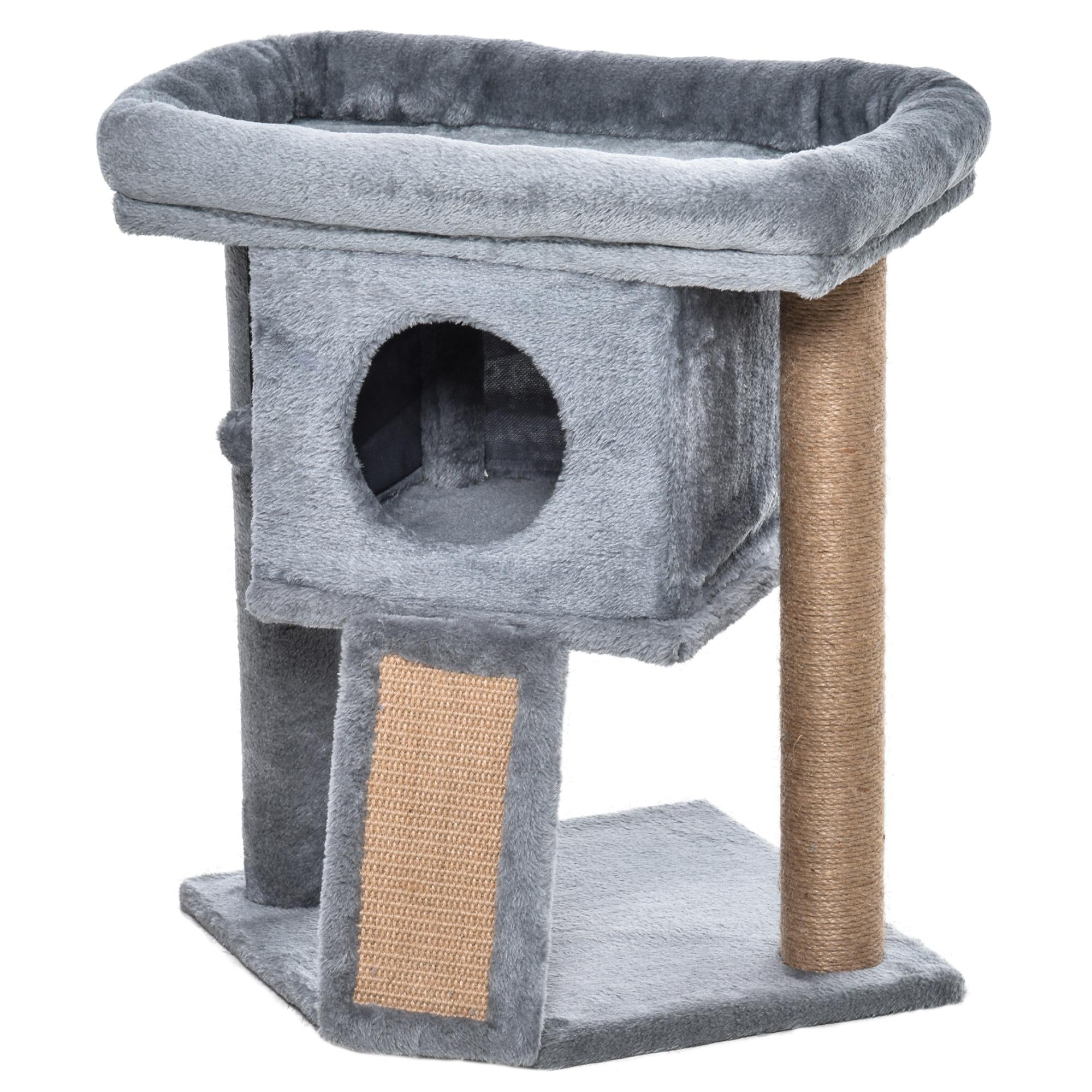 PawHut Cat Tree, Small Cat Tower with Perch, Scratching Post, Cat Condo, Toy Ball for Kitty, Indoor Use, Grey