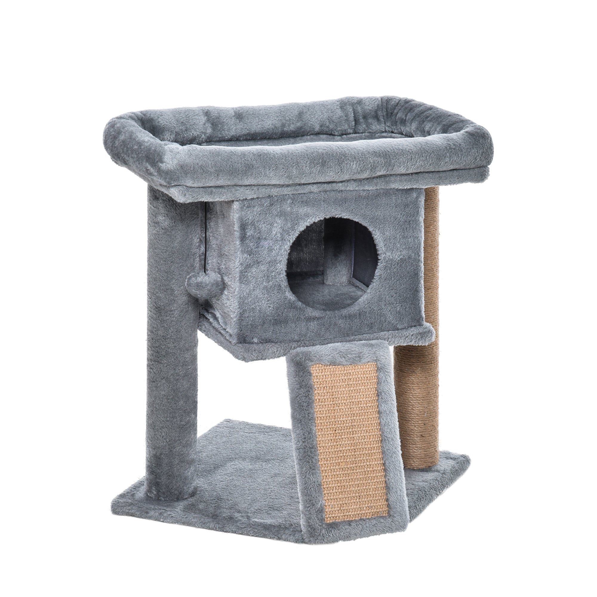 PawHut Cat Tree, Small Cat Tower with Perch, Scratching Post, Cat Condo, Toy Ball for Kitty, Indoor Use, Grey