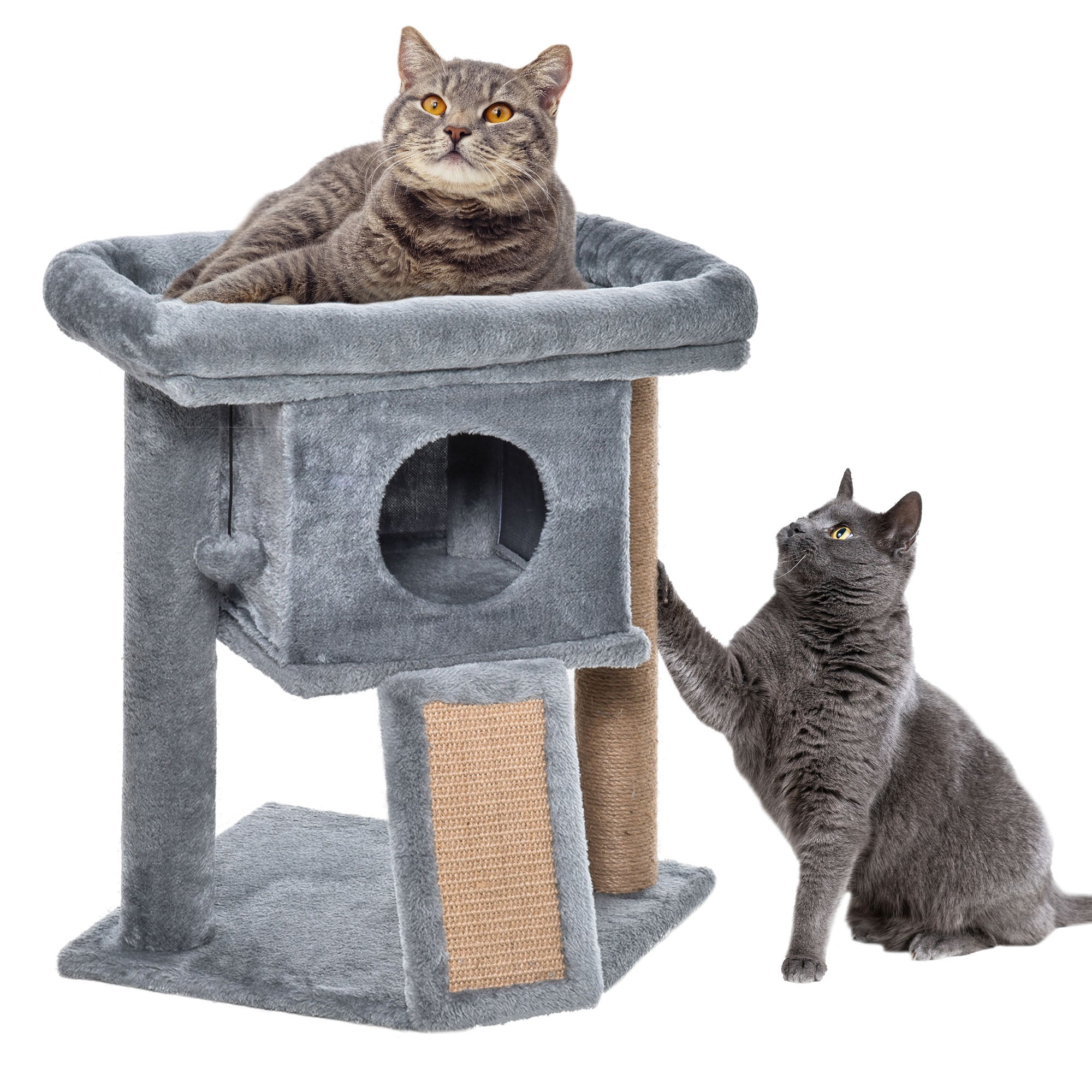 PawHut Cat Tree, Small Cat Tower with Perch, Scratching Post, Cat Condo, Toy Ball for Kitty, Indoor Use, Grey