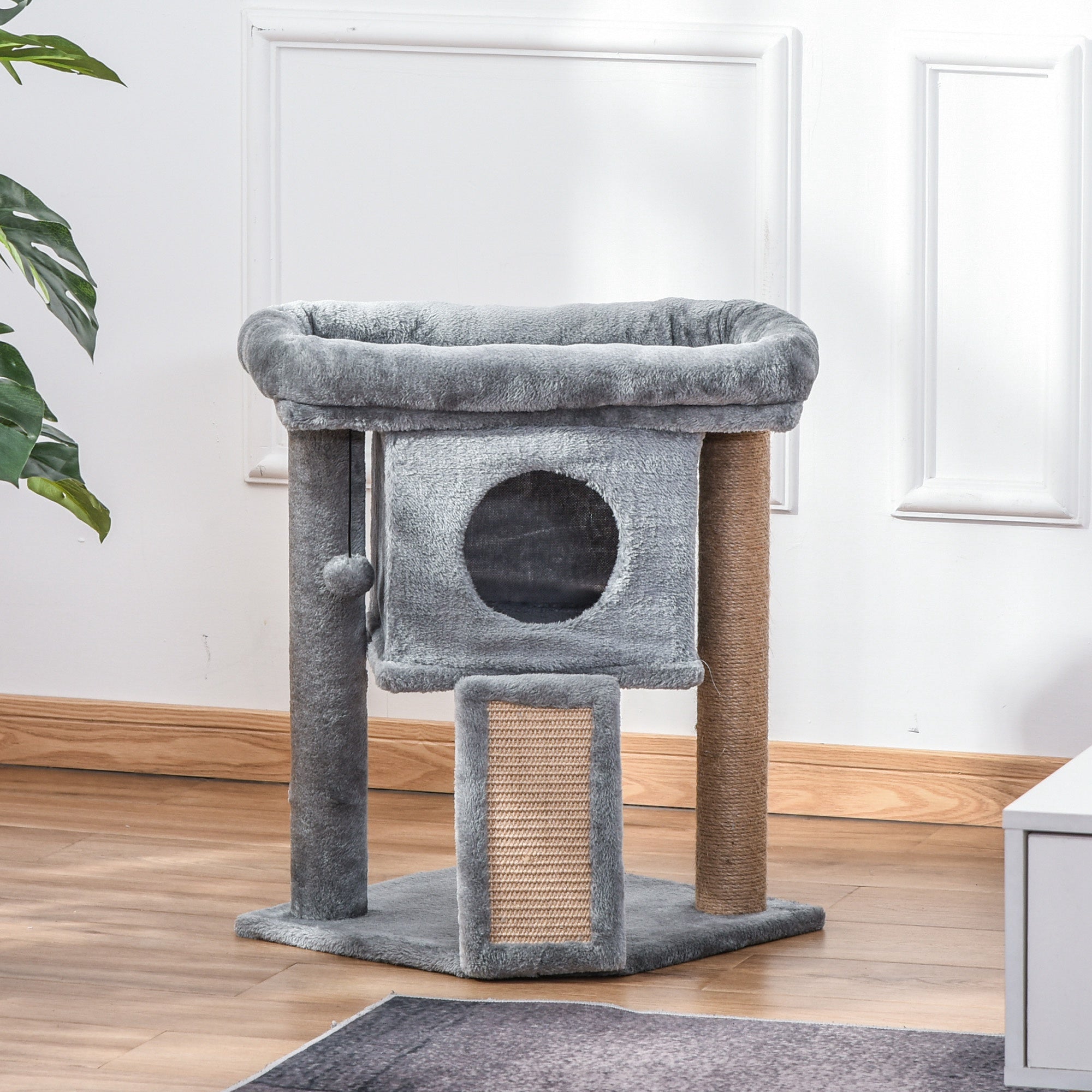 PawHut Cat Tree, Small Cat Tower with Perch, Scratching Post, Cat Condo, Toy Ball for Kitty, Indoor Use, Grey