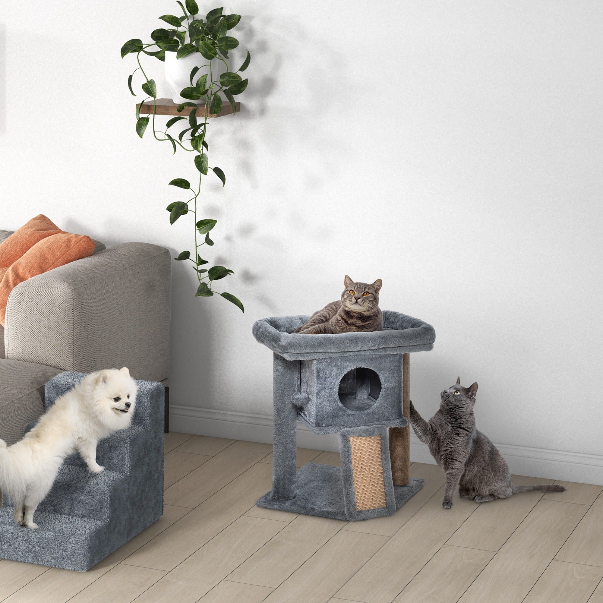 PawHut Cat Tree, Small Cat Tower with Perch, Scratching Post, Cat Condo, Toy Ball for Kitty, Indoor Use, Grey
