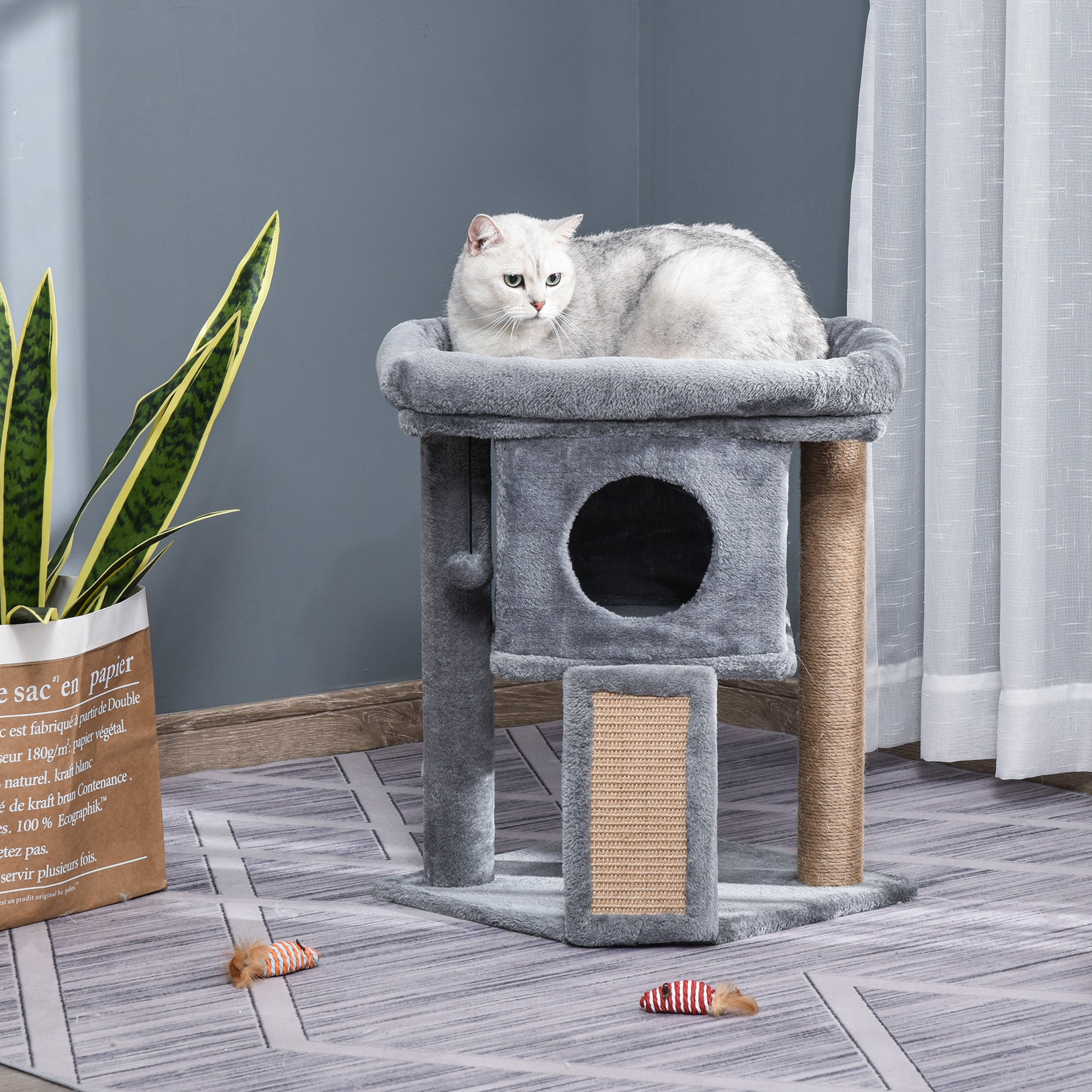 PawHut Cat Tree, Small Cat Tower with Perch, Scratching Post, Cat Condo, Toy Ball for Kitty, Indoor Use, Grey