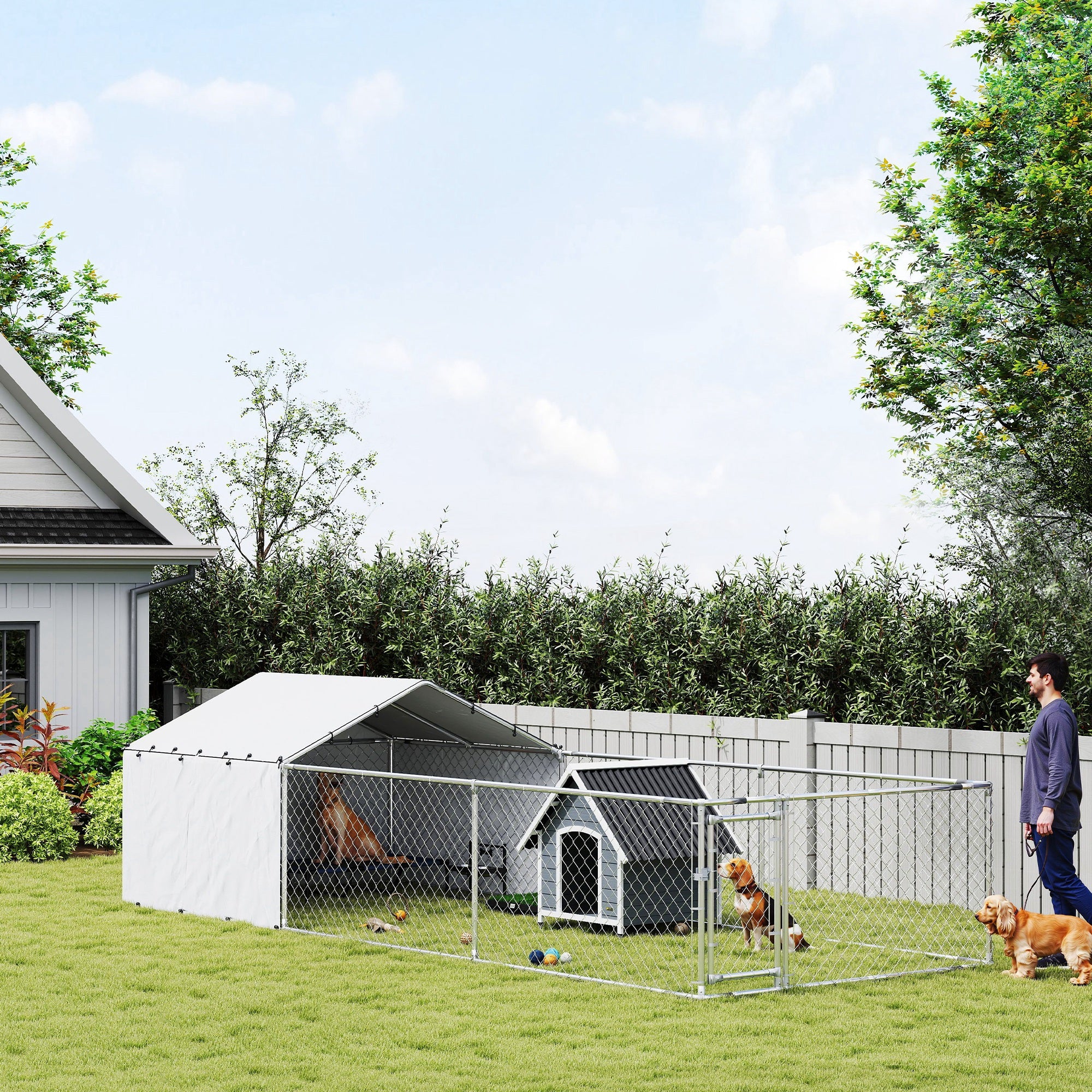 PawHut Outdoor Dog Kennel with Waterproof & UV-Resistant Cover, Dog Run with Secure Lock for Small Medium Large Dogs, 19.7' x 7.5' x 4.9'