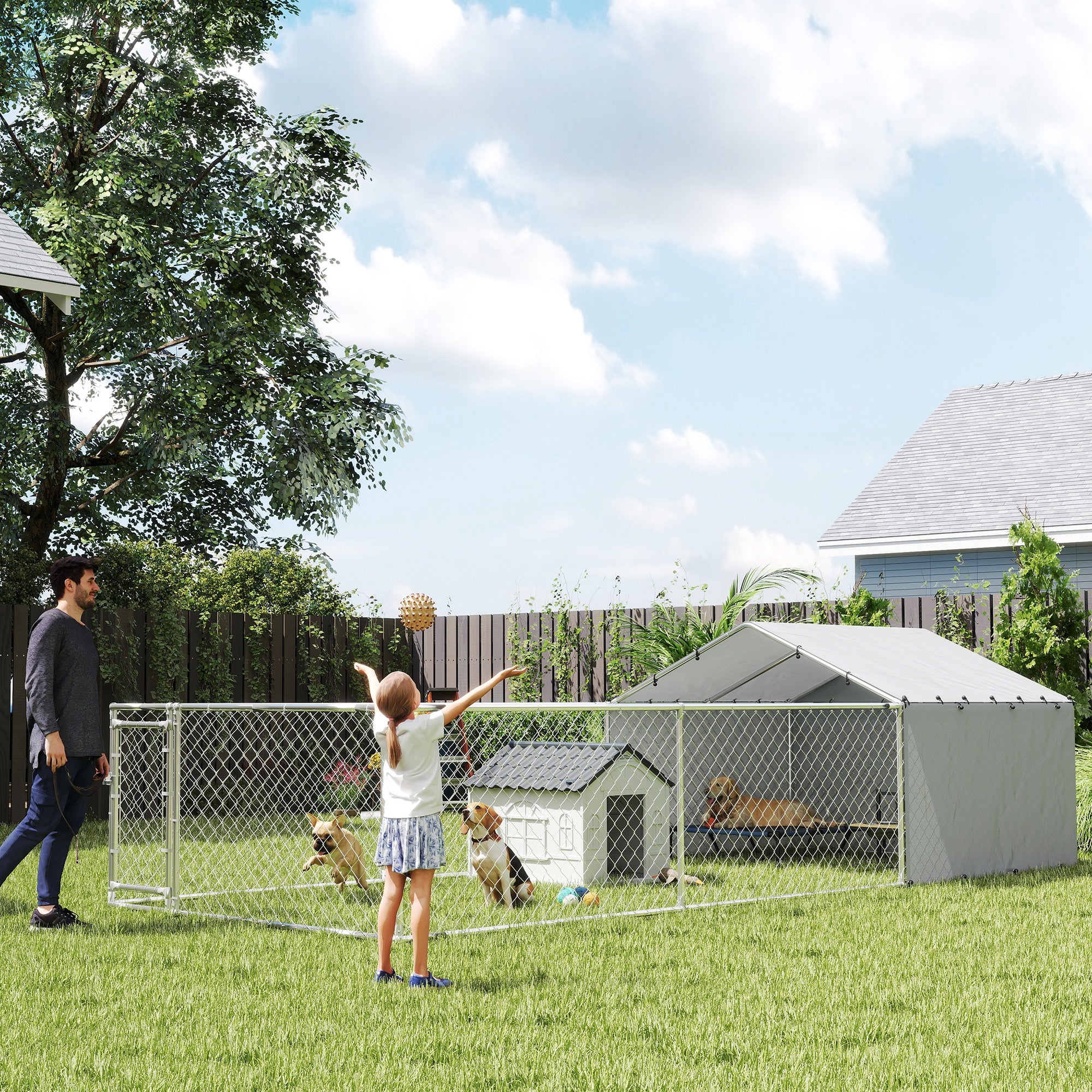 PawHut Outdoor Dog Kennel with Waterproof & UV-Resistant Cover, Dog Run with Secure Lock for Small Medium Large Dogs, 19.7' x 7.5' x 4.9'