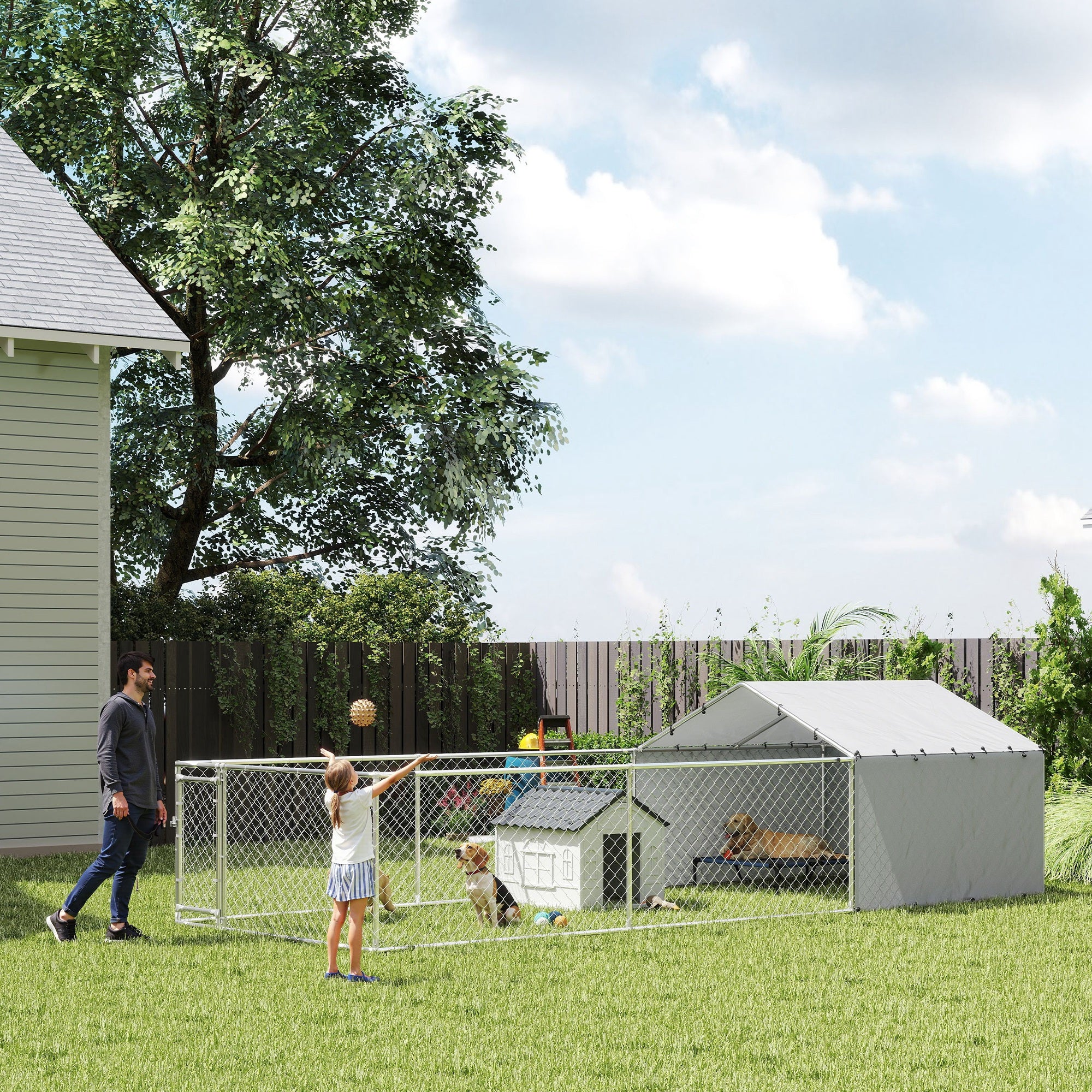 PawHut Outdoor Dog Kennel with Waterproof & UV-Resistant Cover, Dog Run with Secure Lock for Small Medium Large Dogs, 19.7' x 7.5' x 4.9'