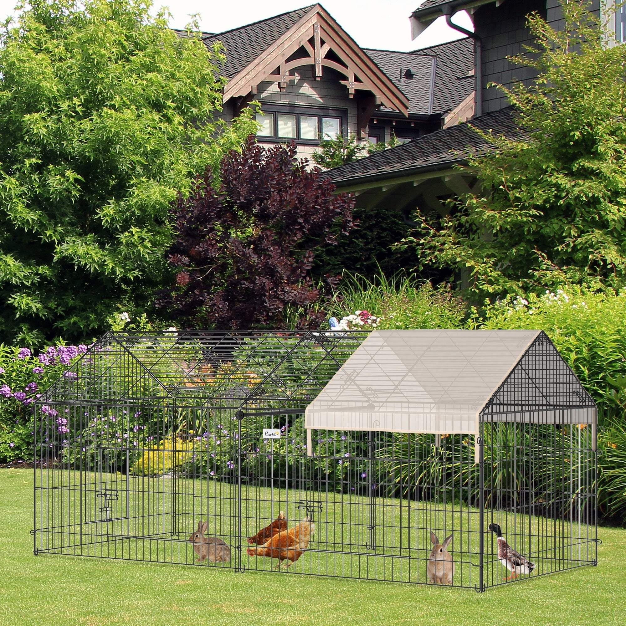 PawHut Indoor Ferret Cage Metal Chicken Run, Outdoor Dog Kennel Catio with Water-Resistant Cover, Portable Small Animal Playpen for Rabbit Guinea Pig, 86.5" x 40.5" x 40.5", Beige