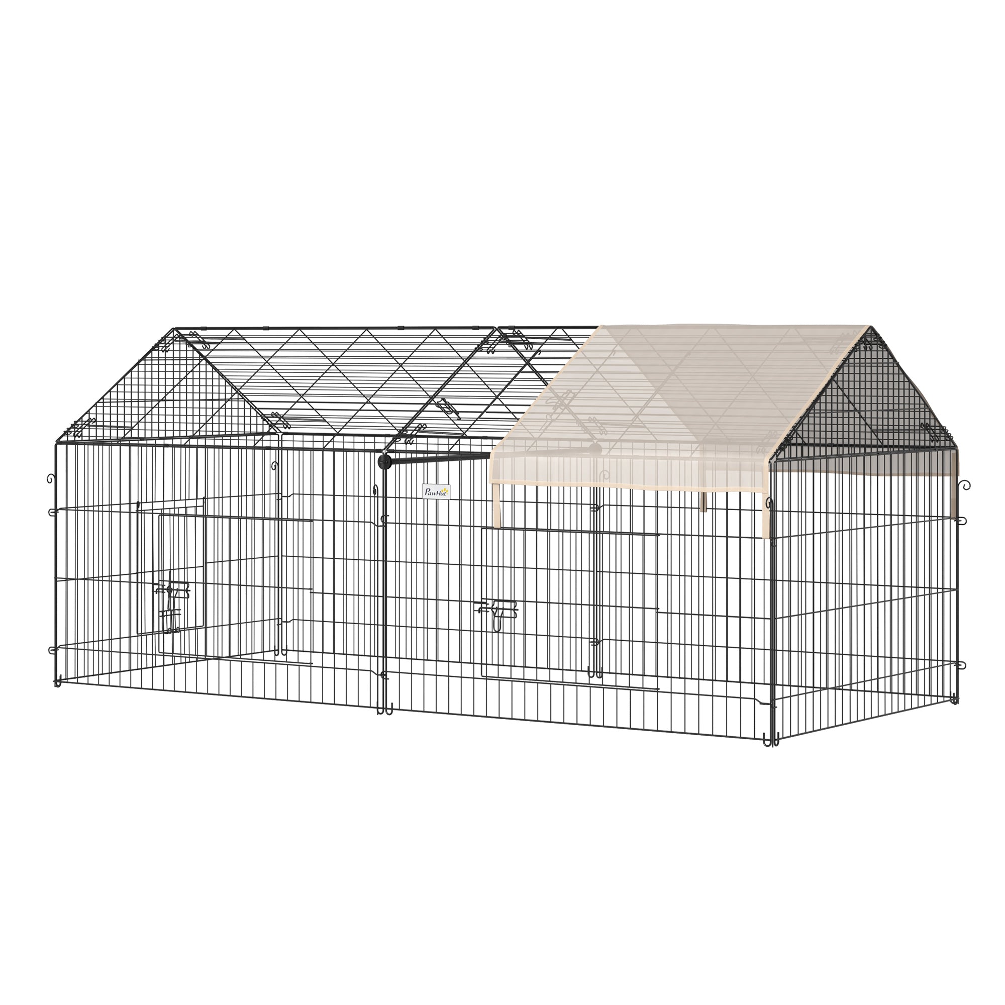 PawHut Rabbit Run Playpen, Guinea Pig Cage with Pitched Roof, Sun Protection Cover, 220 x 103 x 103 cm, Metal Enclosure for Small Animals, Chickens, Ferret, Beige