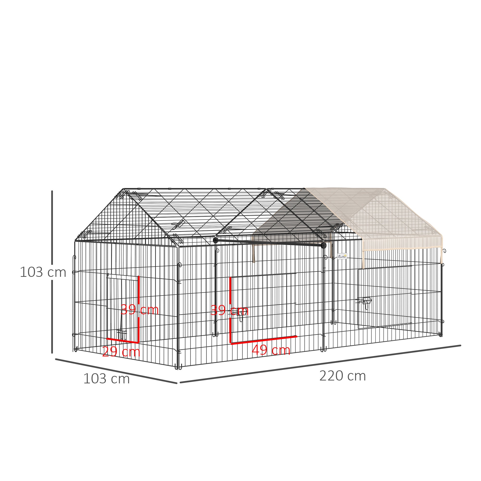 PawHut Rabbit Run Playpen, Guinea Pig Cage with Pitched Roof, Sun Protection Cover, 220 x 103 x 103 cm, Metal Enclosure for Small Animals, Chickens, Ferret, Beige
