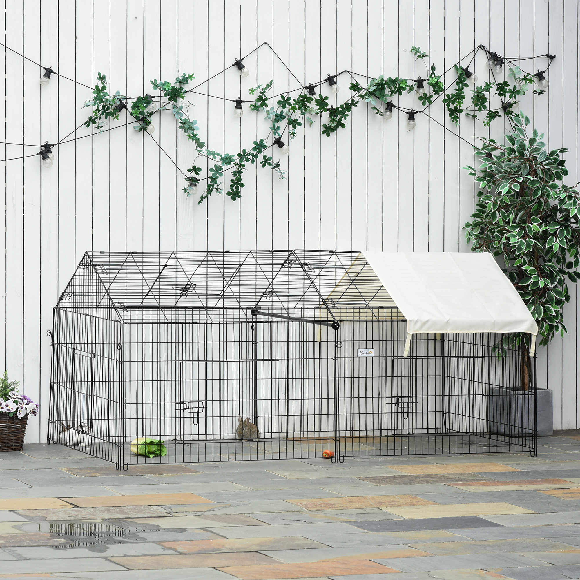 PawHut Rabbit Run Playpen, Guinea Pig Cage with Pitched Roof, Sun Protection Cover, 220 x 103 x 103 cm, Metal Enclosure for Small Animals, Chickens, Ferret, Beige