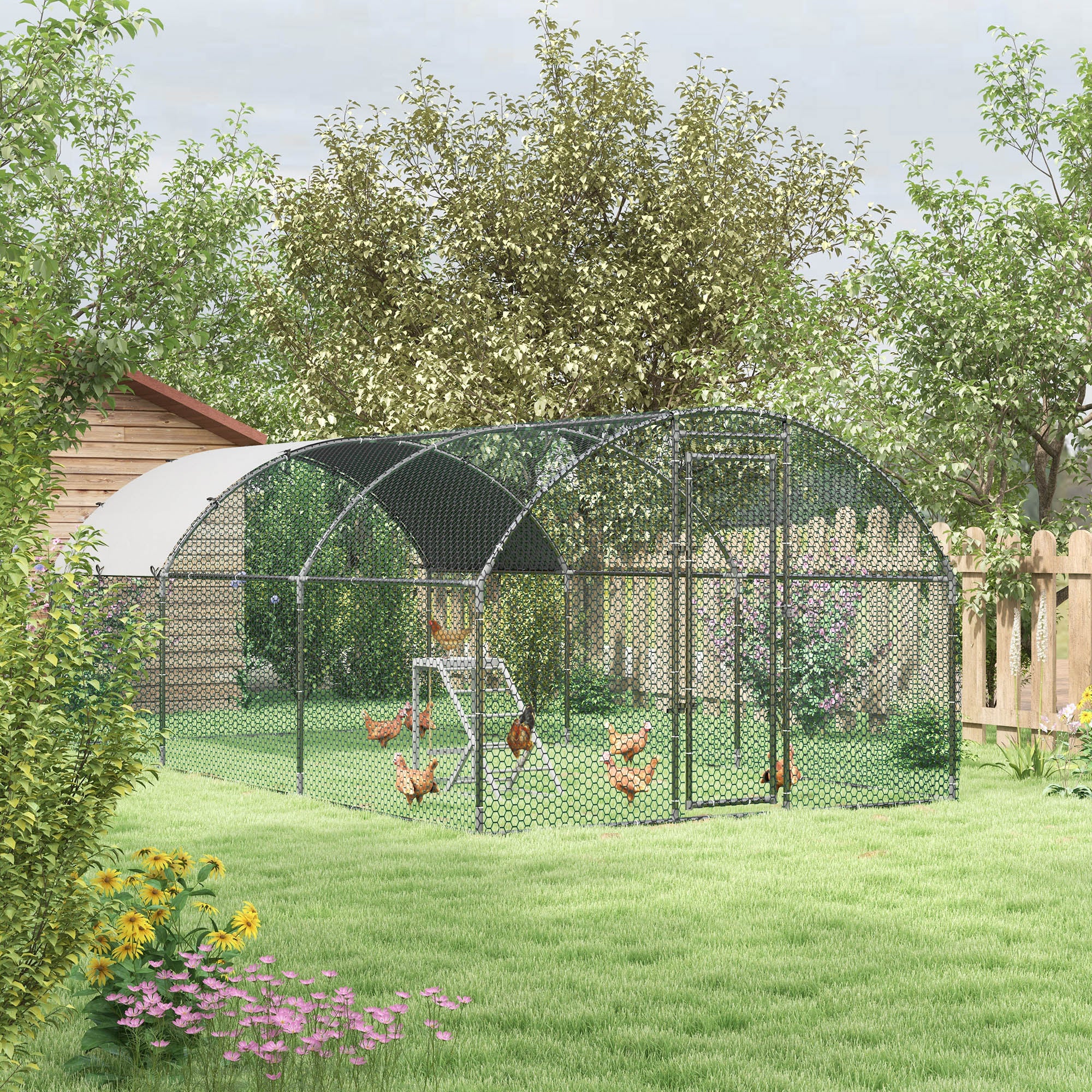 PawHut Walk-In Chicken Run, Metal Chicken Coop with Cover, Outdoor Hen Poultry House Cage with Chicken Activity Shelf, for Chickens, Rabbits, Ducks, 2.8 x 5.7 x 2m