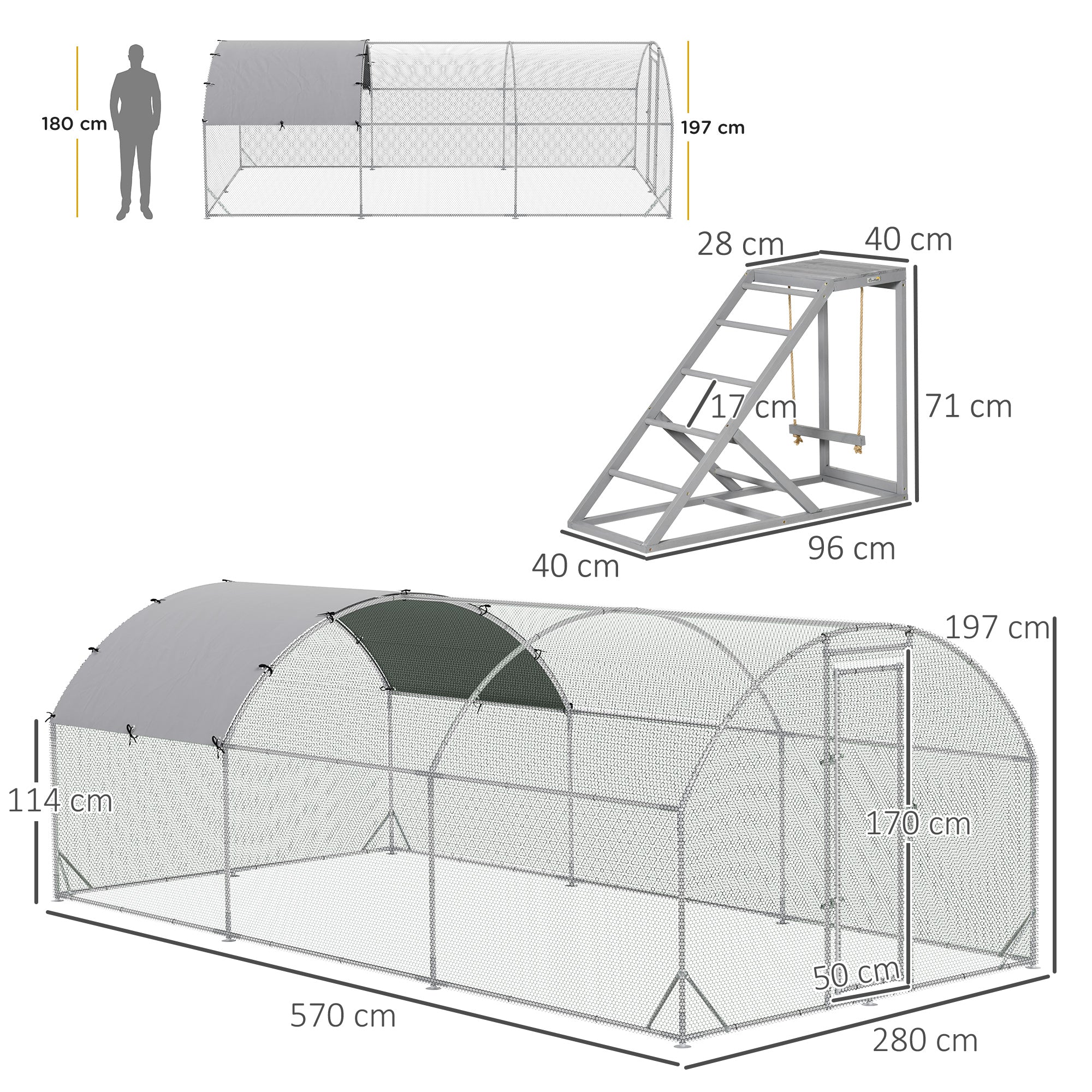 PawHut Walk-In Chicken Run, Metal Chicken Coop with Cover, Outdoor Hen Poultry House Cage with Chicken Activity Shelf, for Chickens, Rabbits, Ducks, 2.8 x 5.7 x 2m