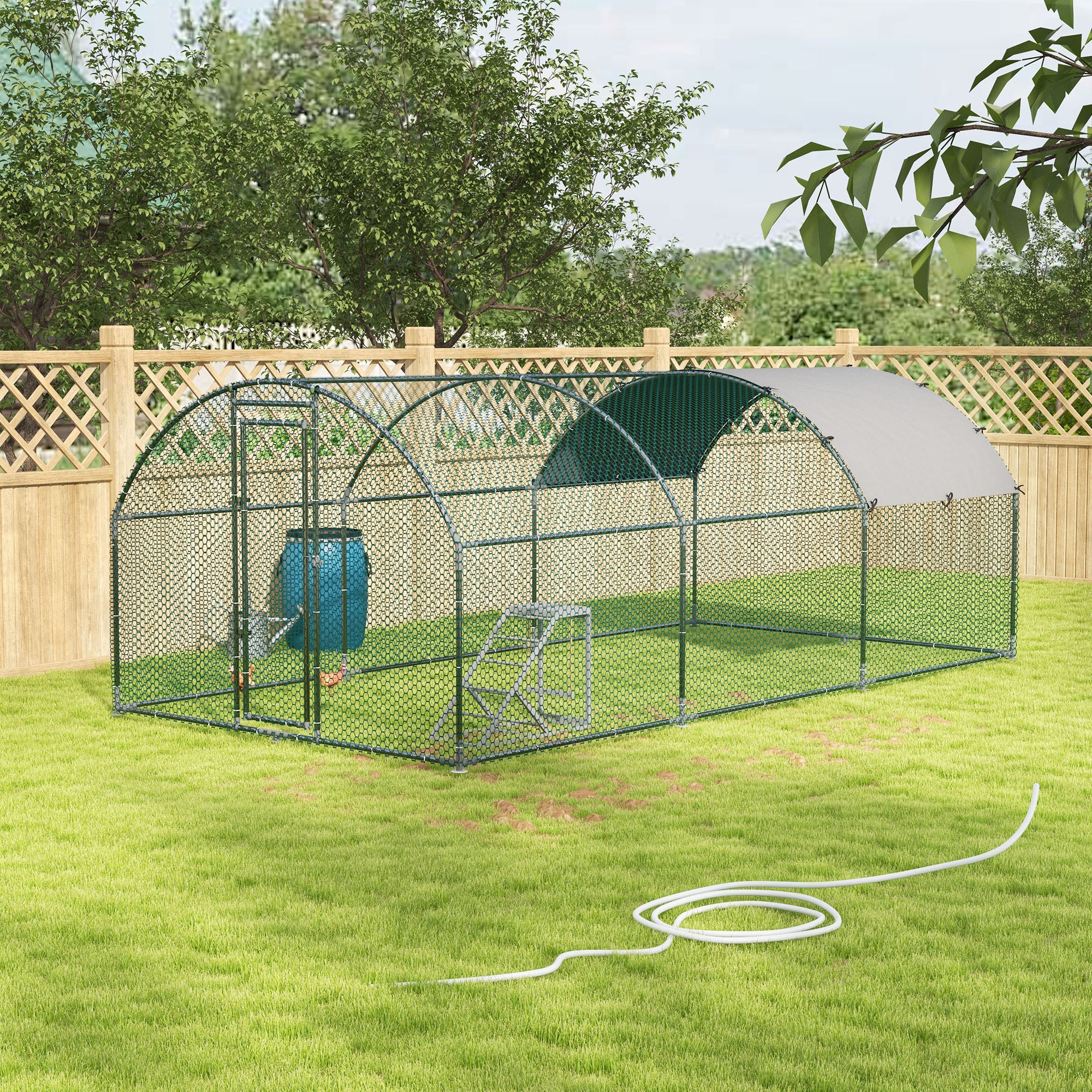 PawHut Walk-In Chicken Run, Metal Chicken Coop with Cover, Outdoor Hen Poultry House Cage with Chicken Activity Shelf, for Chickens, Rabbits, Ducks, 2.8 x 5.7 x 2m