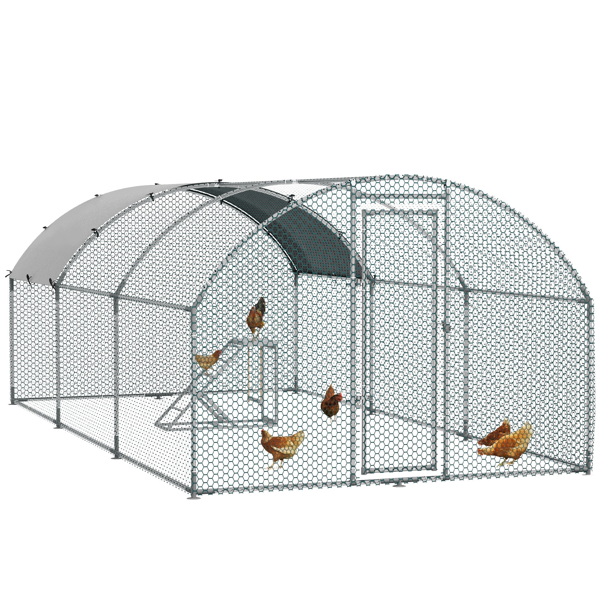 PawHut Walk-In Chicken Run, Metal Chicken Coop with Cover, Outdoor Hen Poultry House Cage with Chicken Activity Shelf, for Chickens, Rabbits, Ducks, 2.8 x 5.7 x 2m